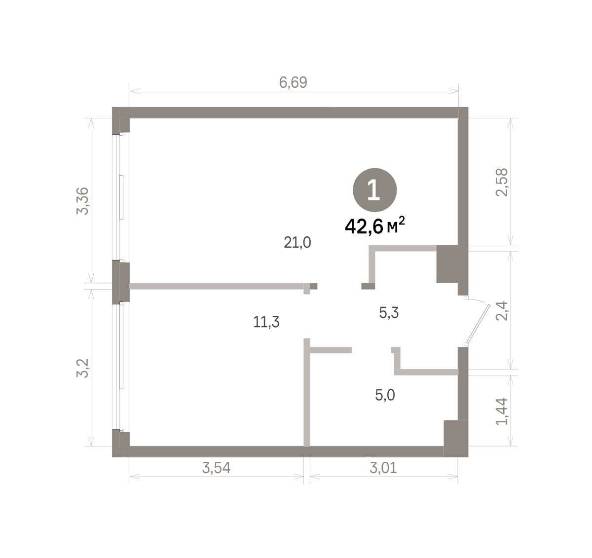 1 комн. Квартира 42.6 кв. м