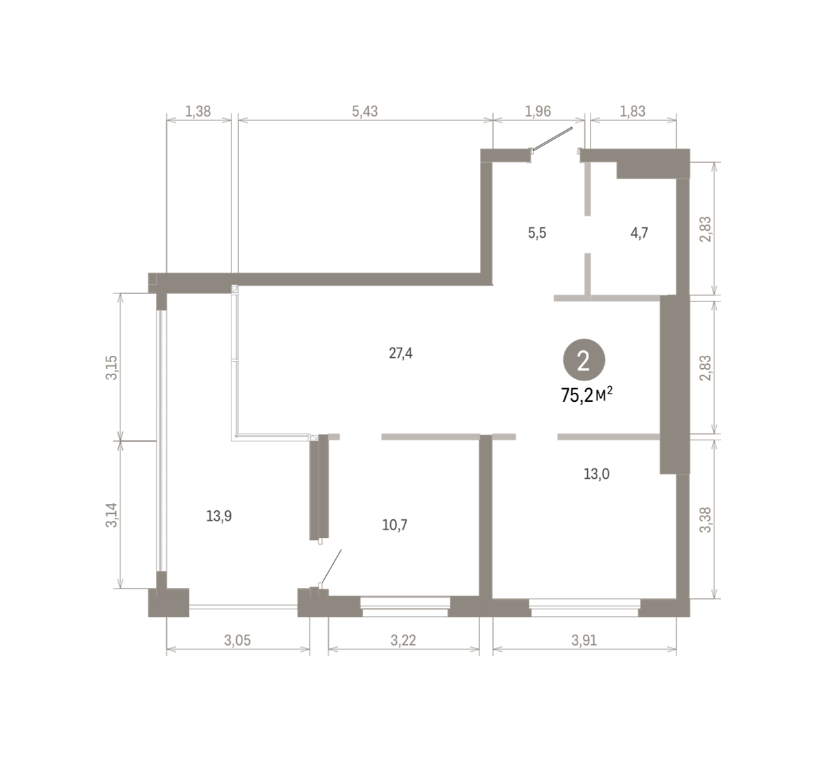 2 комн. Квартира 75.2 кв. м