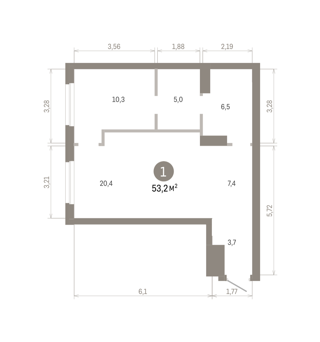 1 комн. Квартира 53.2 кв. м