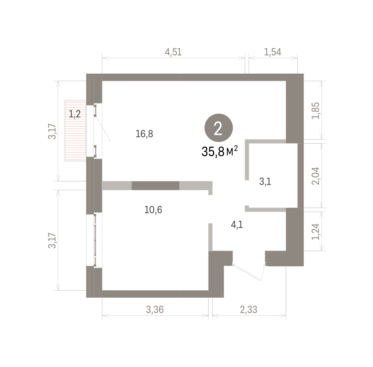 2 комн. Квартира 35.8 кв. м
