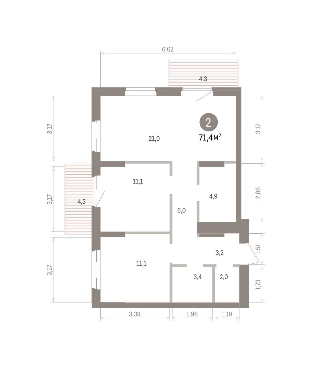 2-комнатная квартира, 71.37 кв.м, Кварталы Драверта, изображение-2