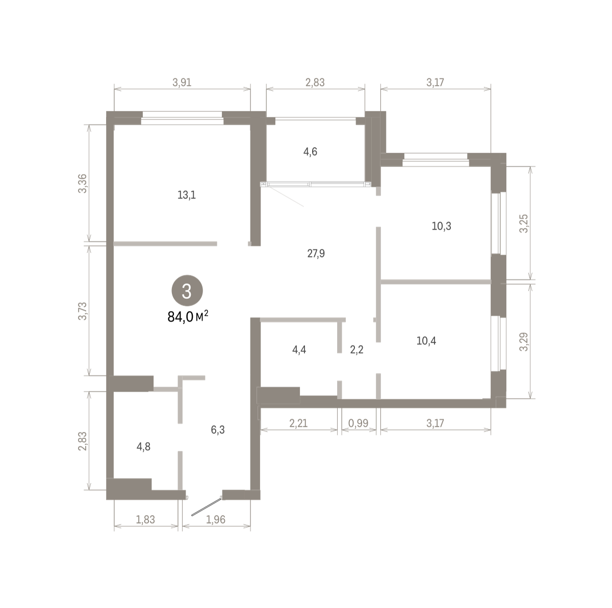 3 комн. Квартира 84 кв. м