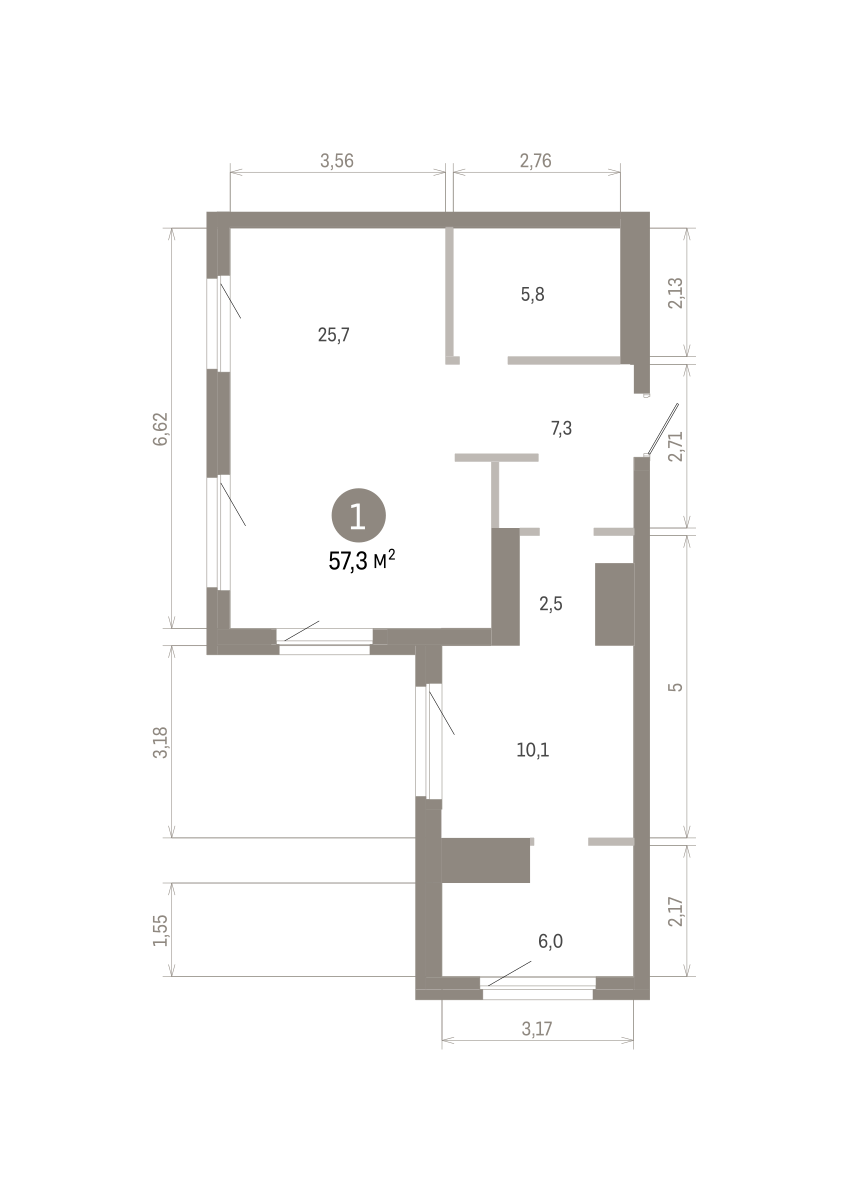 1 комн. Квартира 57.3 кв. м
