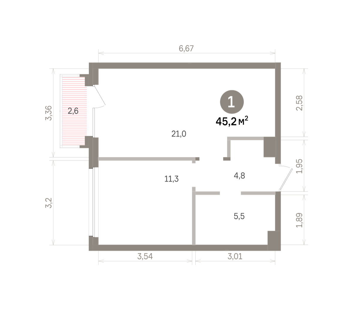 1 комн. Квартира 45.2 кв. м