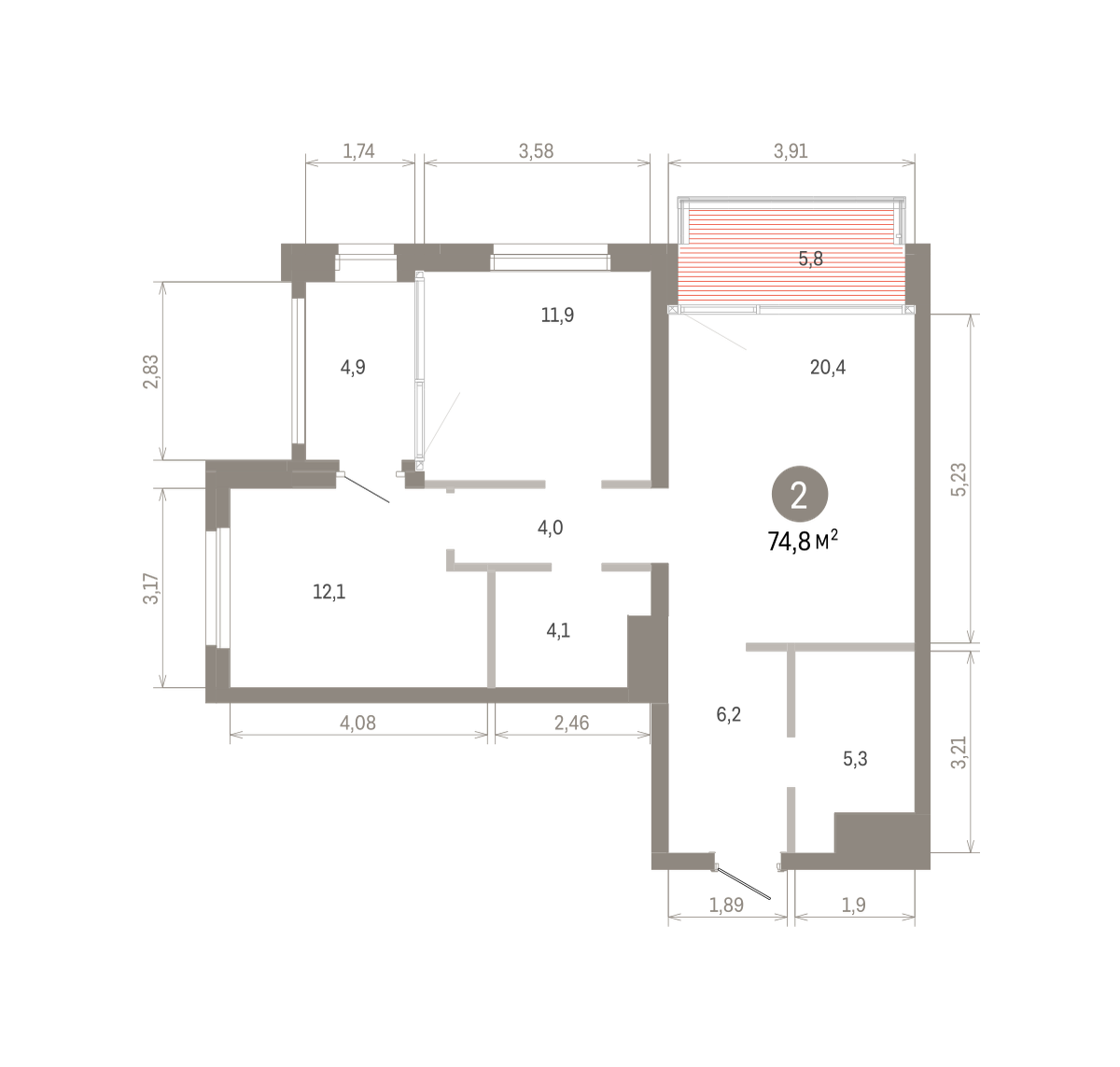 2 комн. Квартира 74.8 кв. м