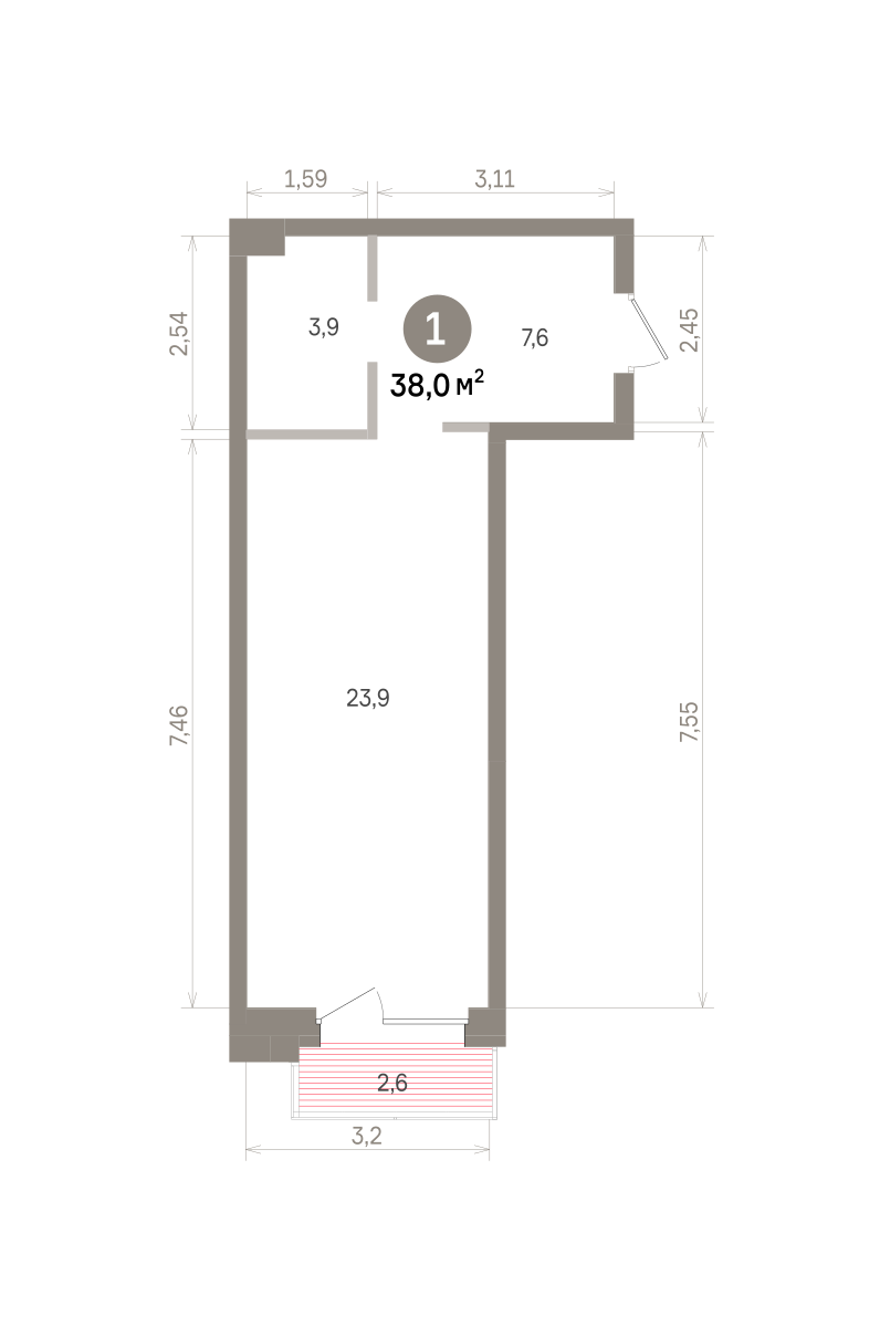 1 комн. Квартира 38 кв. м