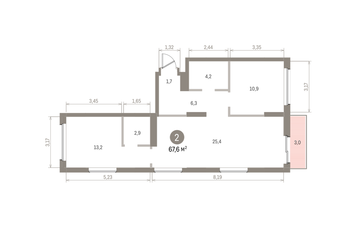 2 комн. Квартира 67.6 кв. м