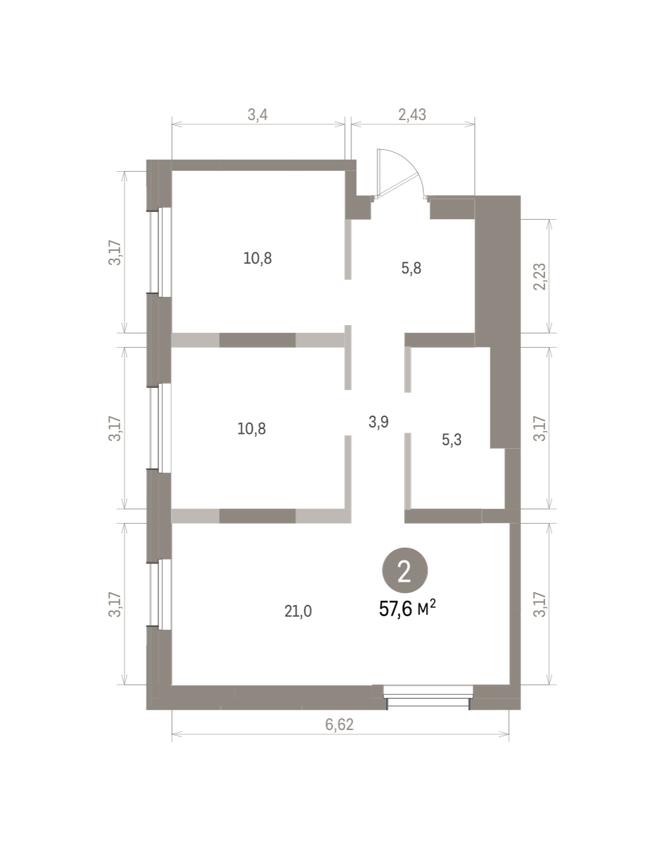 2 комн. Квартира 57.6 кв. м