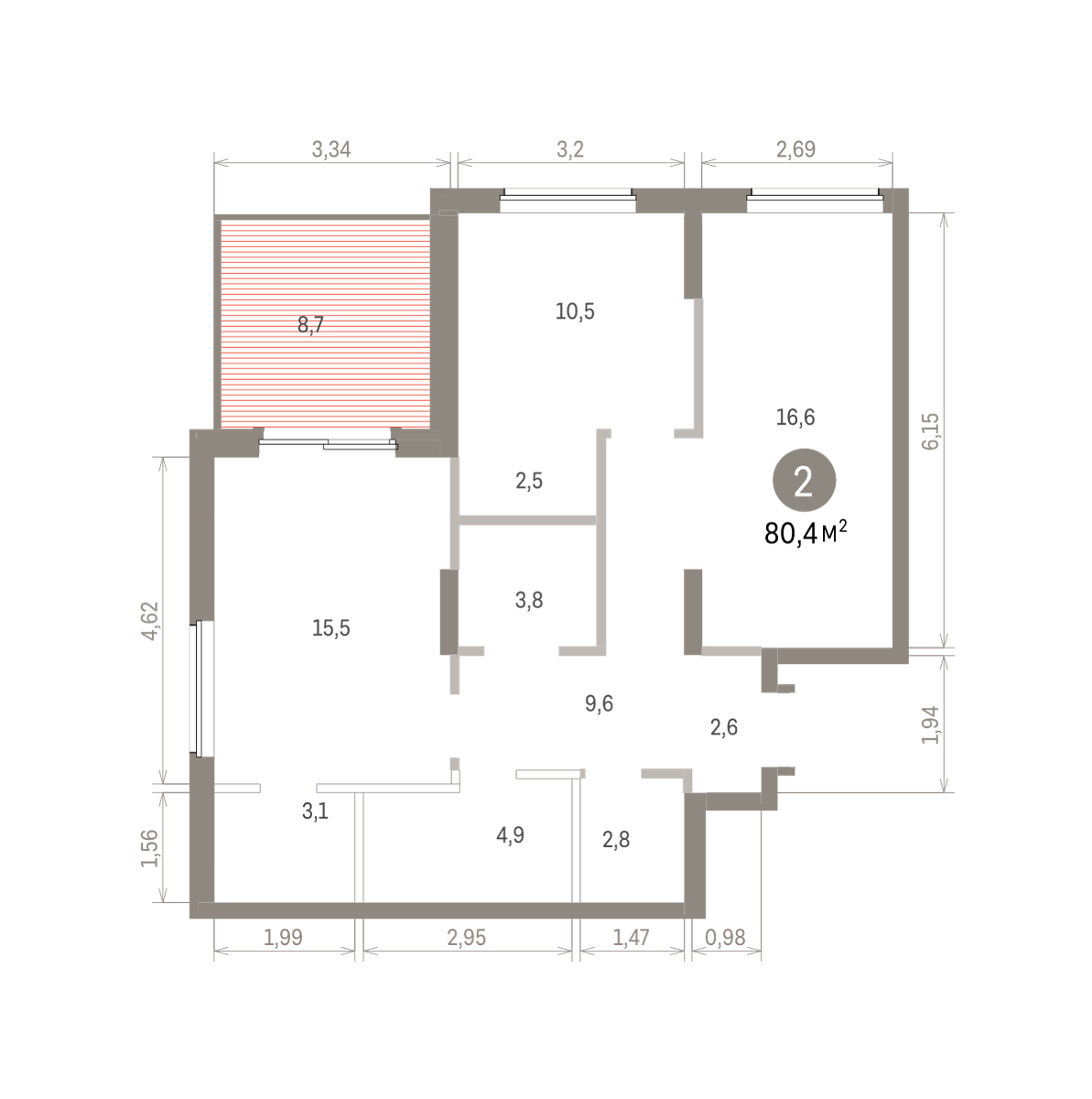 2 комн. Квартира 80.4 кв. м