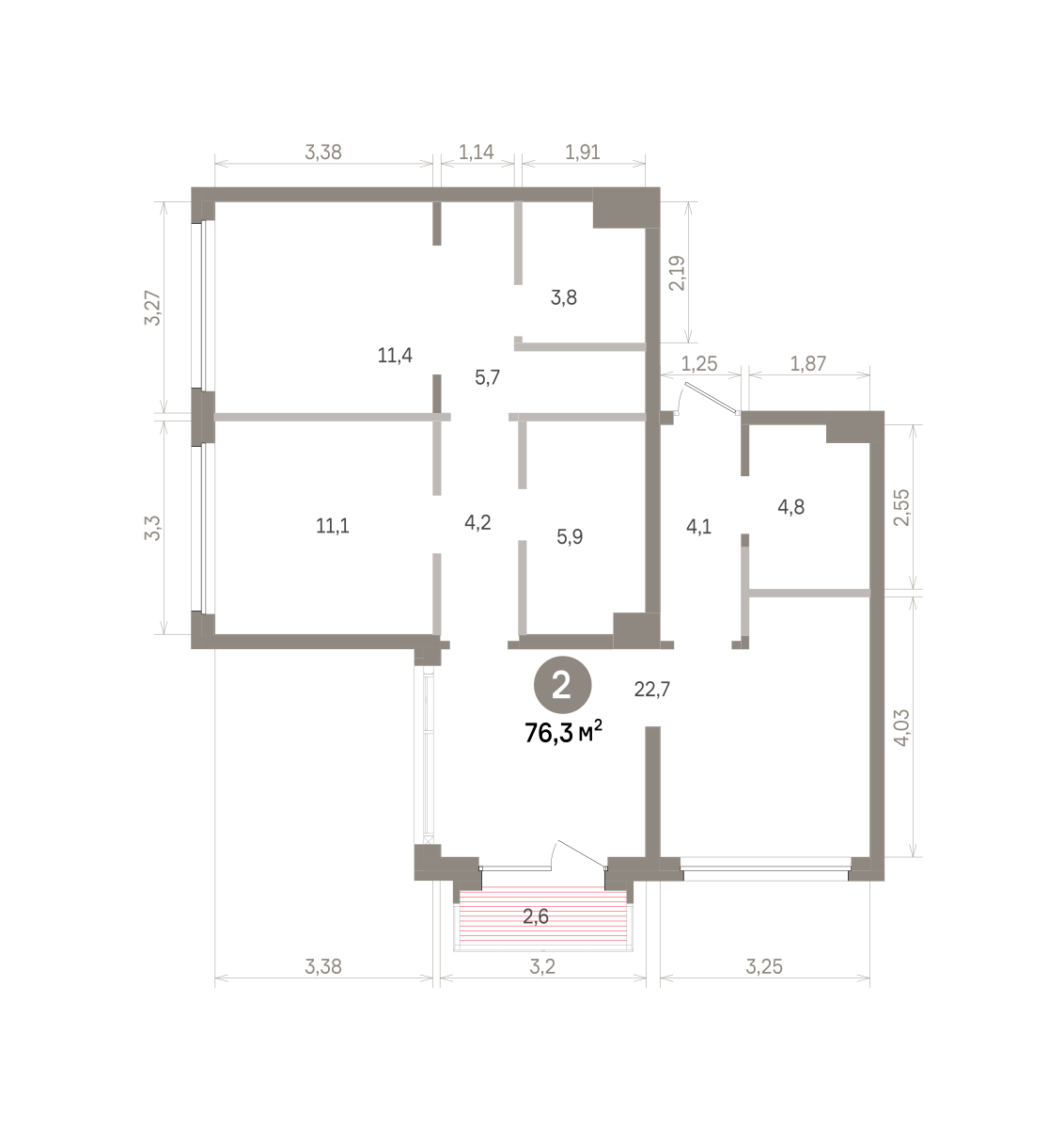 2 комн. Квартира 76.3 кв. м