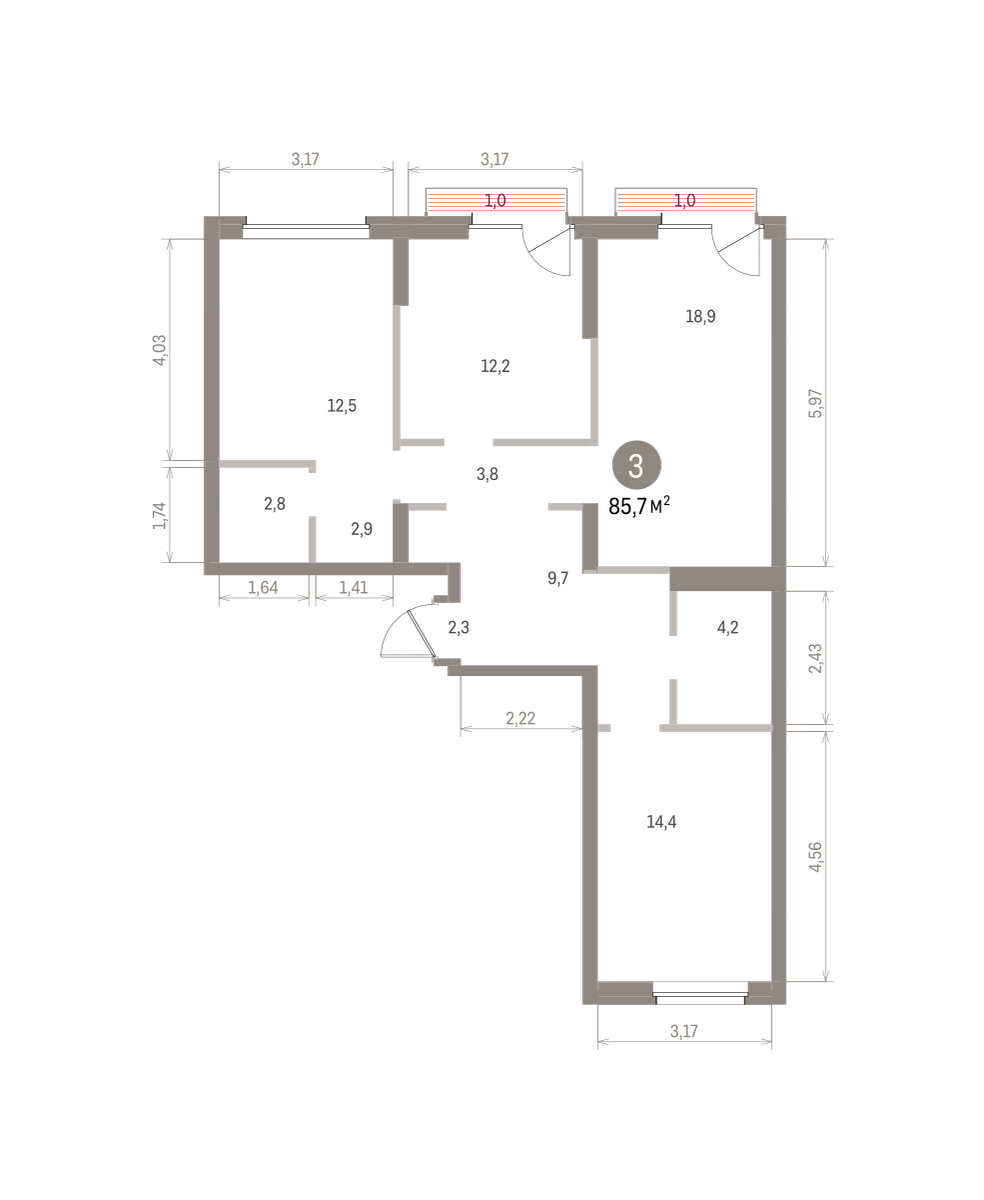3 комн. Квартира 85.7 кв. м