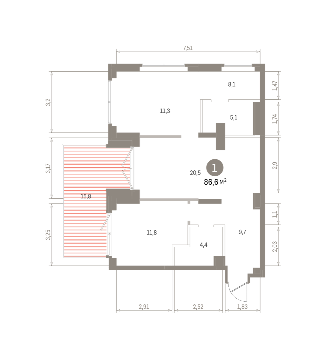 2 комн. Квартира 84.6 кв. м