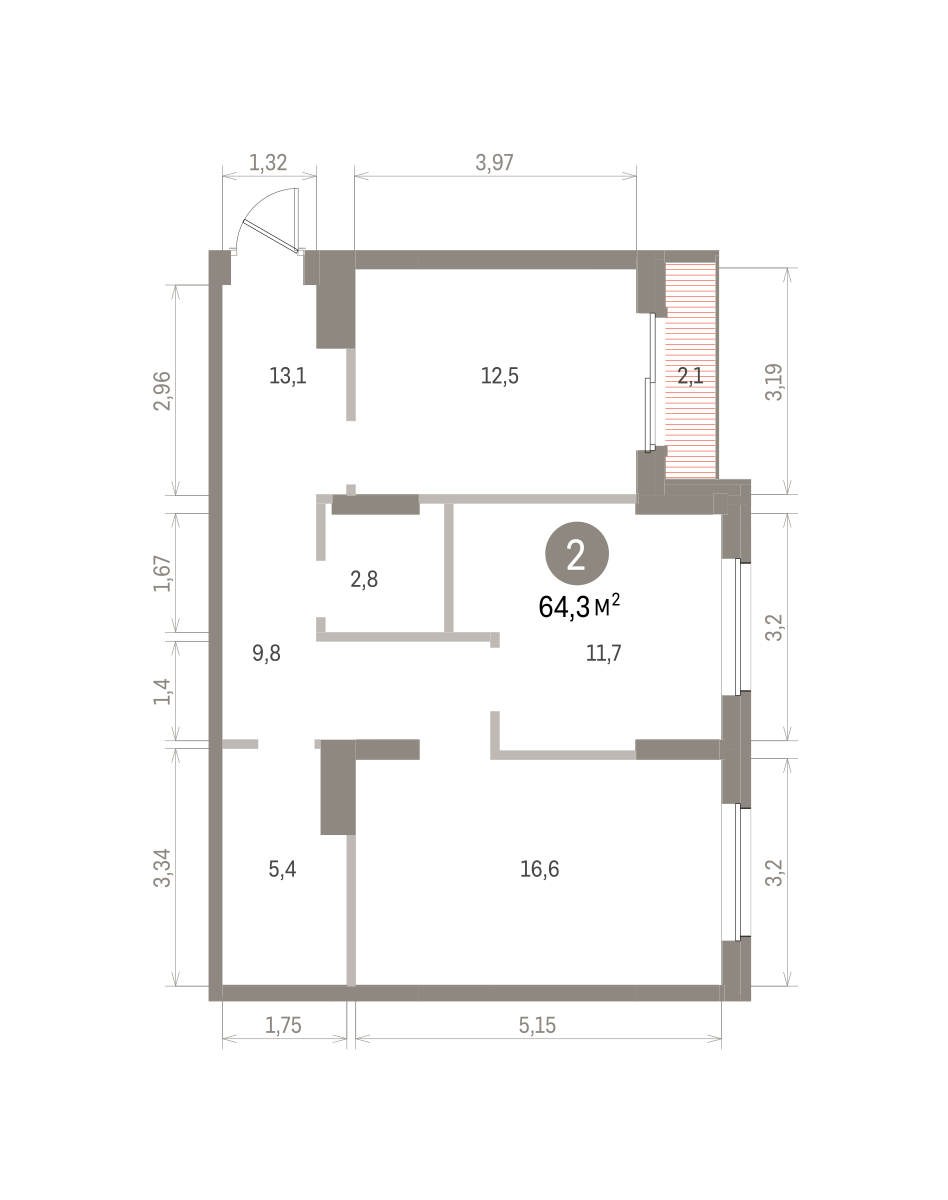 2 комн. Квартира 64.3 кв. м