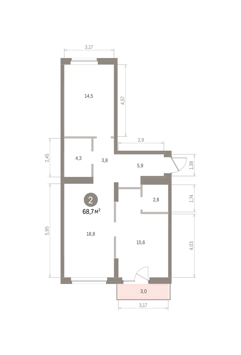 2 комн. Квартира 68.7 кв. м