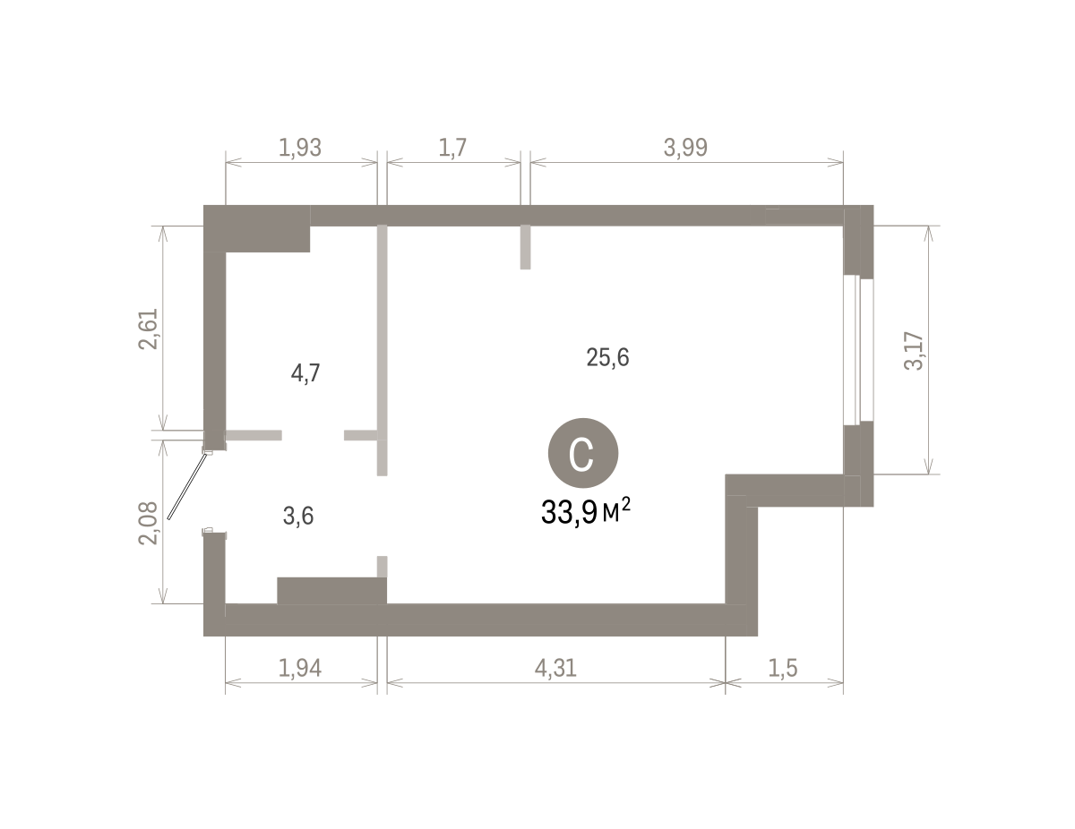 Квартира 33.4 кв. м