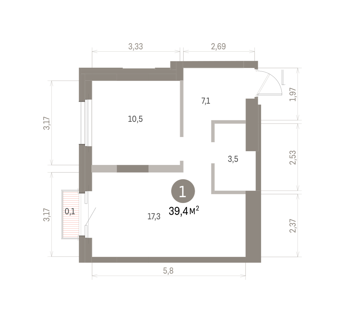 1 комн. Квартира 39.4 кв. м