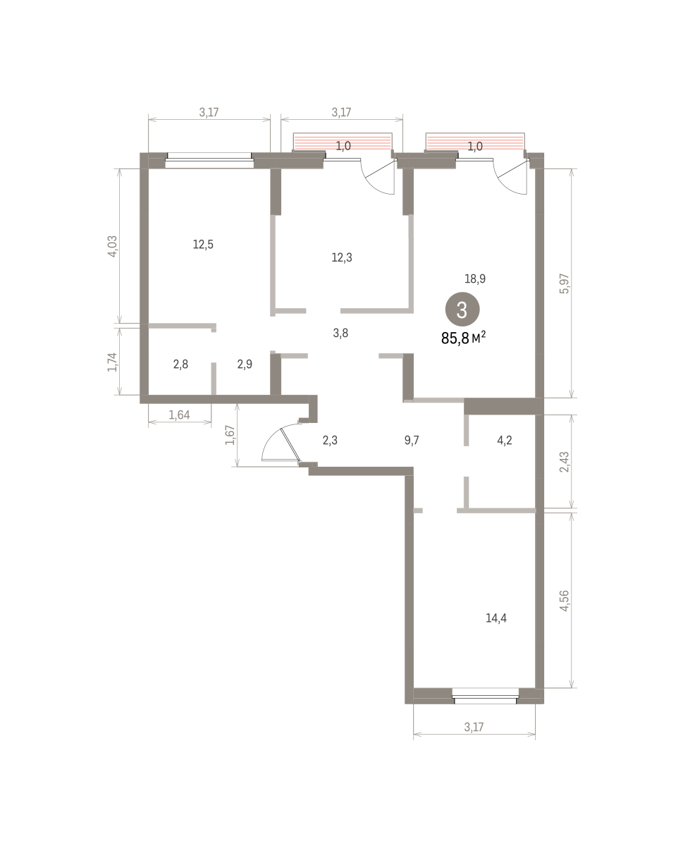 3 комн. Квартира 85.8 кв. м
