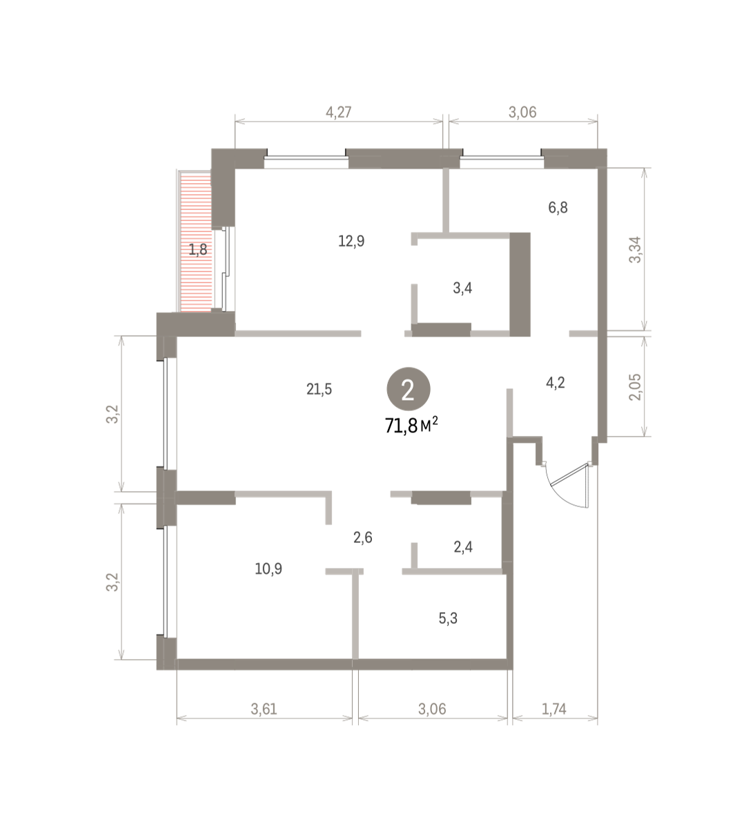 2 комн. Квартира 71.8 кв. м