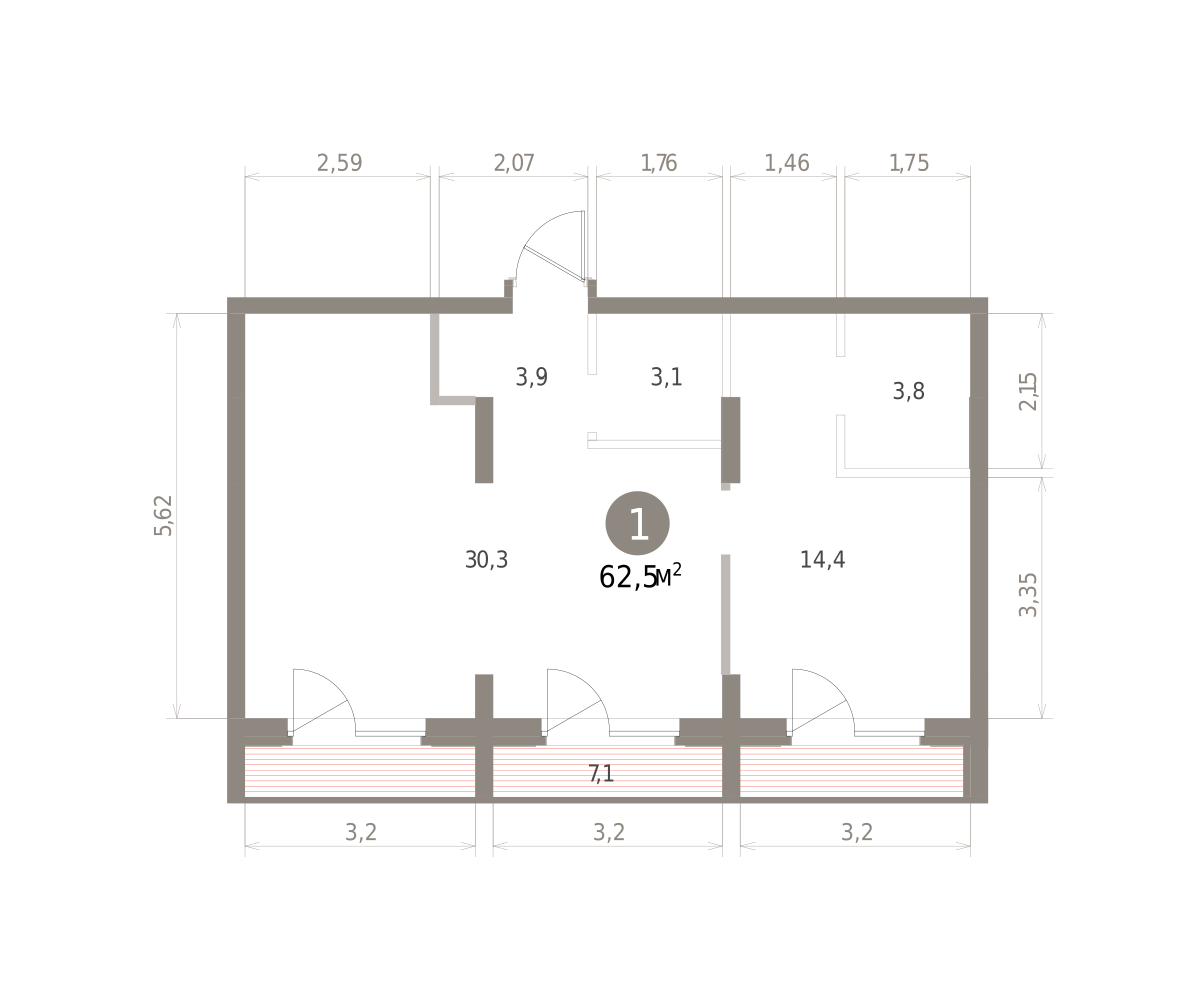 1 комн. Квартира 62.5 кв. м