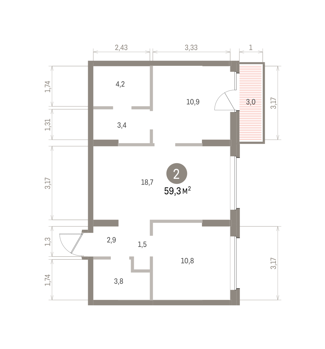 2 комн. Квартира 59.3 кв. м