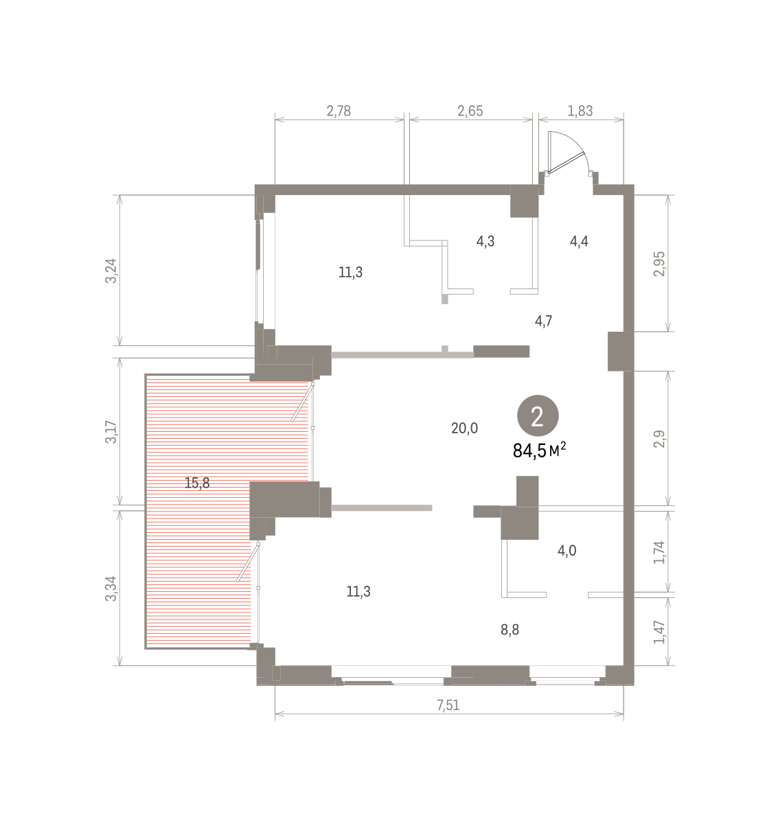 2 комн. Квартира 84.5 кв. м