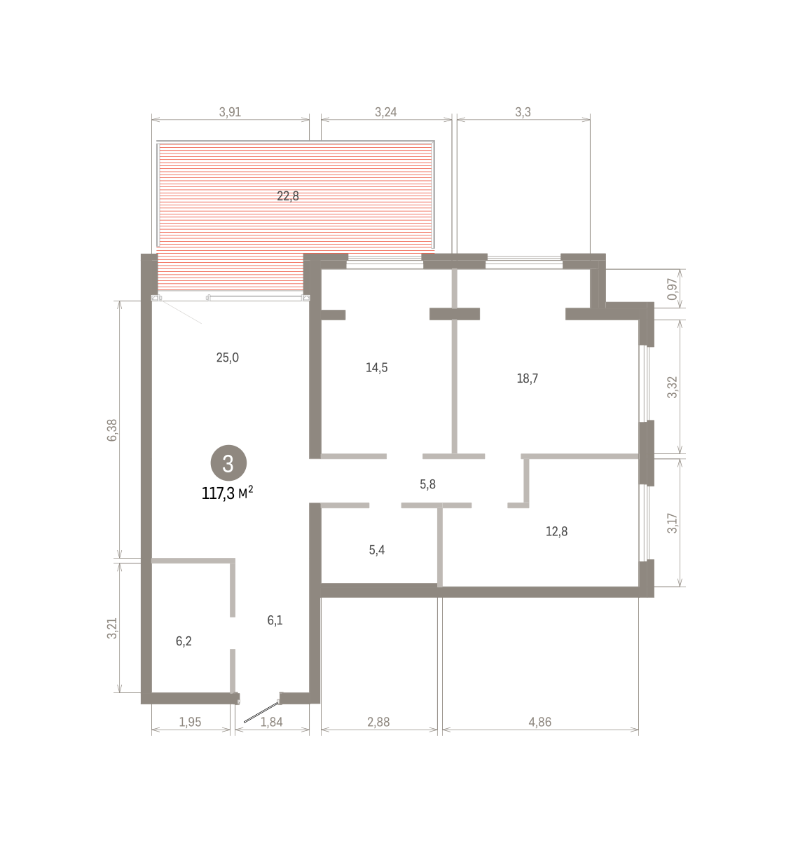 3 комн. Квартира 117.3 кв. м