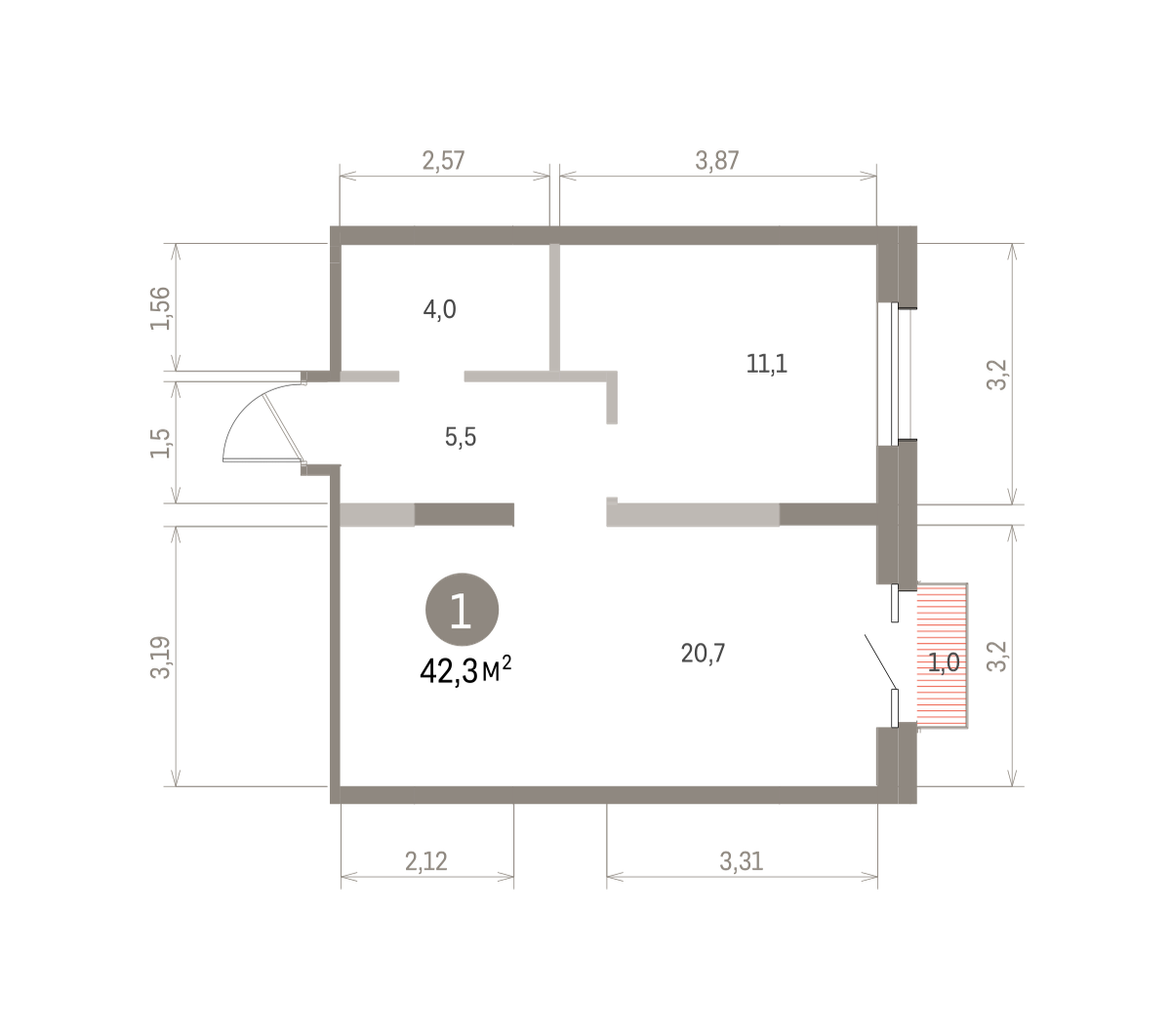 1 комн. Квартира 42.3 кв. м