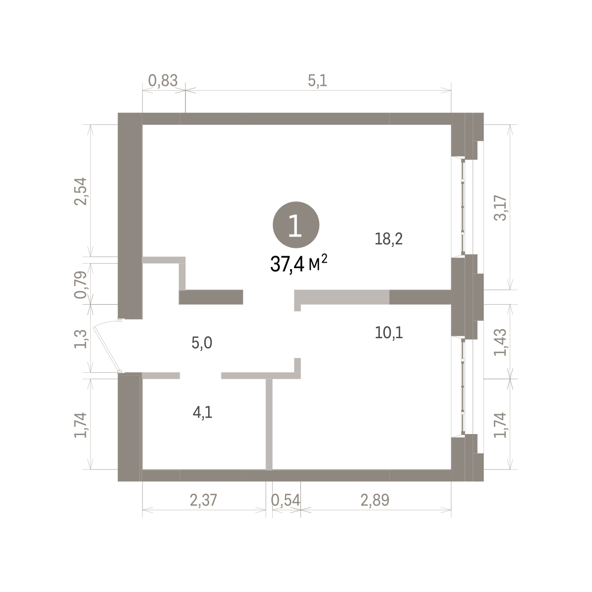 1 комн. Квартира 37.4 кв. м