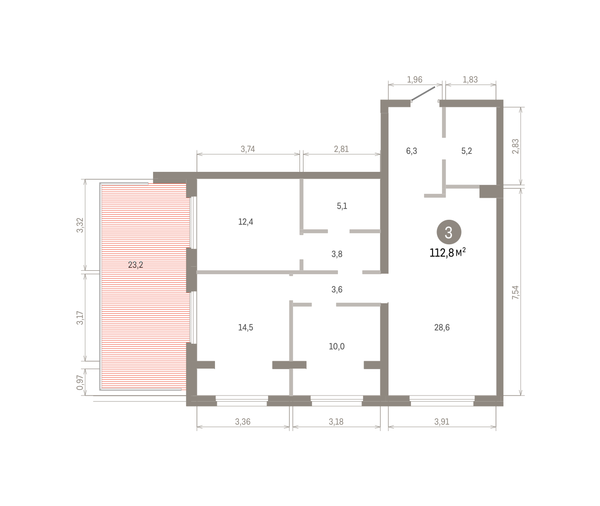 3 комн. Квартира 112.8 кв. м