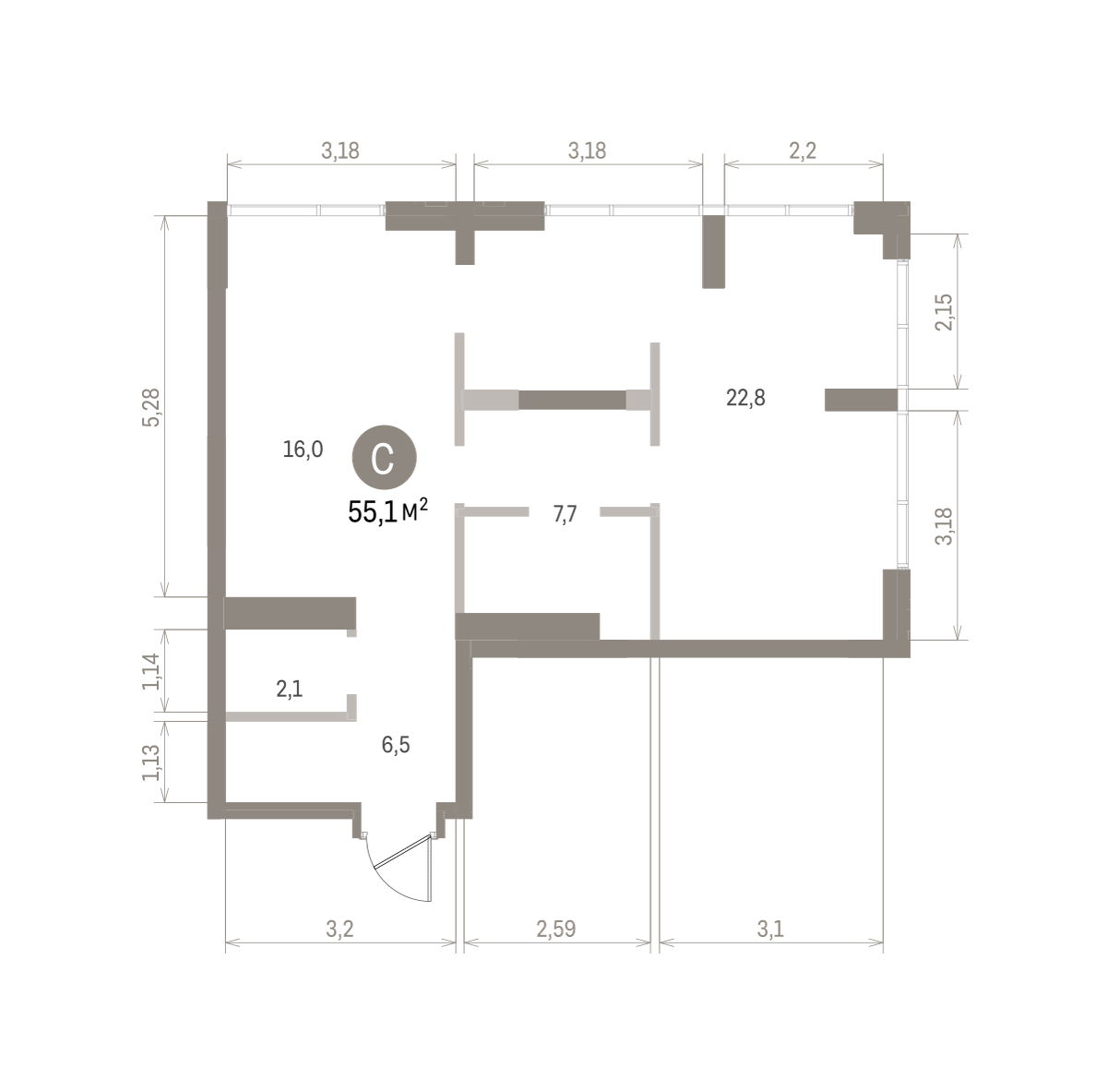 1 комн. Квартира 55.8 кв. м