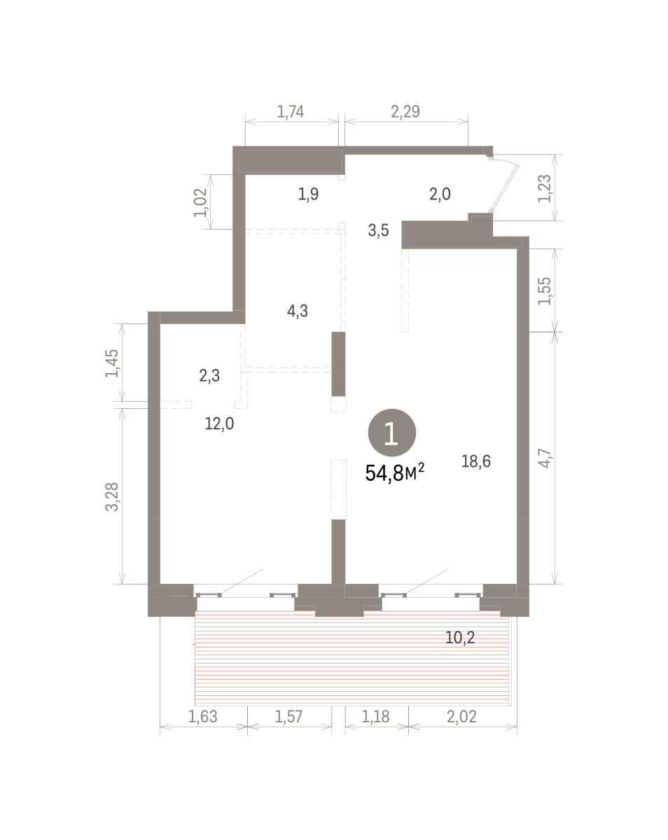 1 комн. Квартира 54.8 кв. м