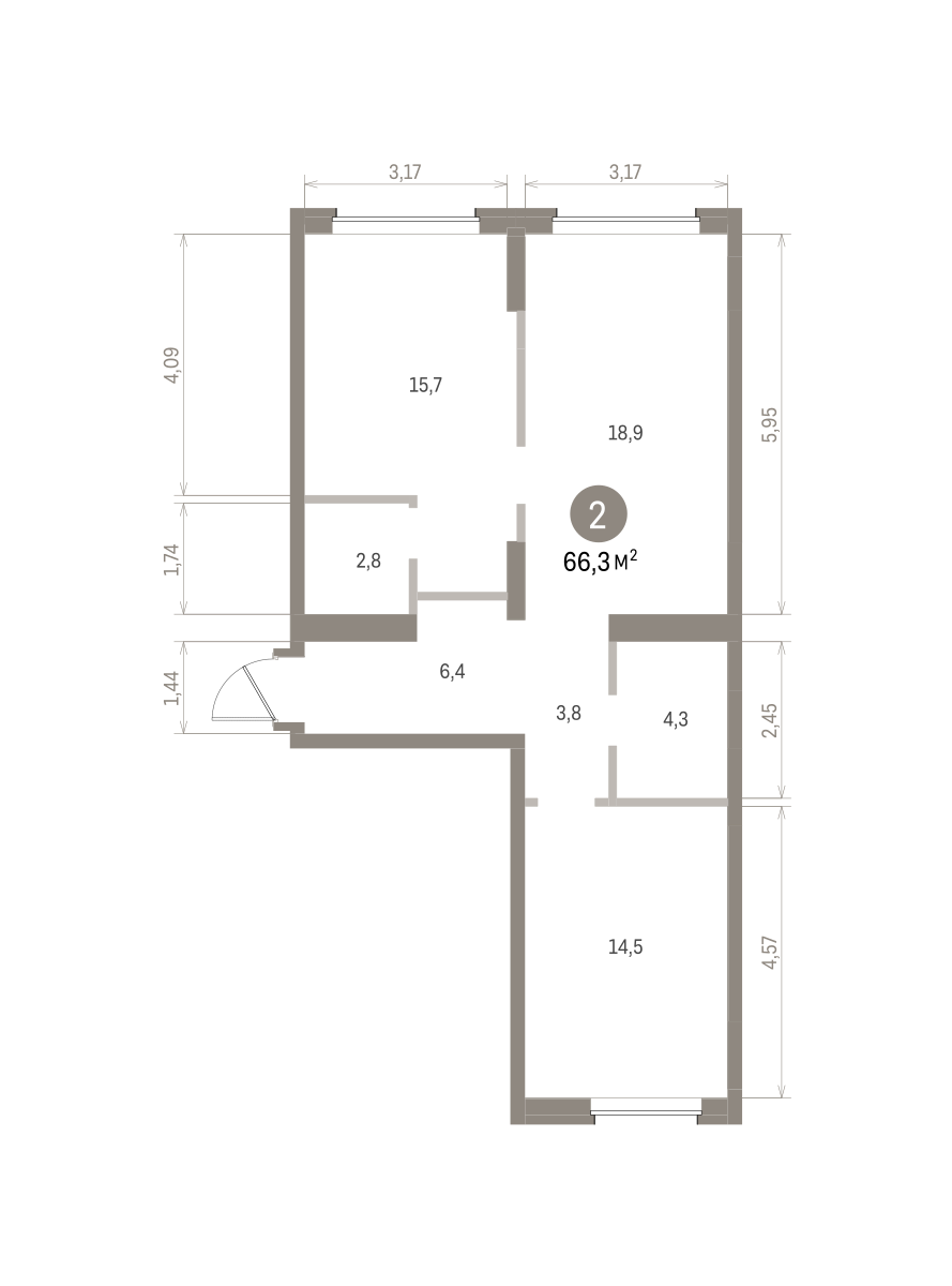 2 комн. Квартира 66.3 кв. м