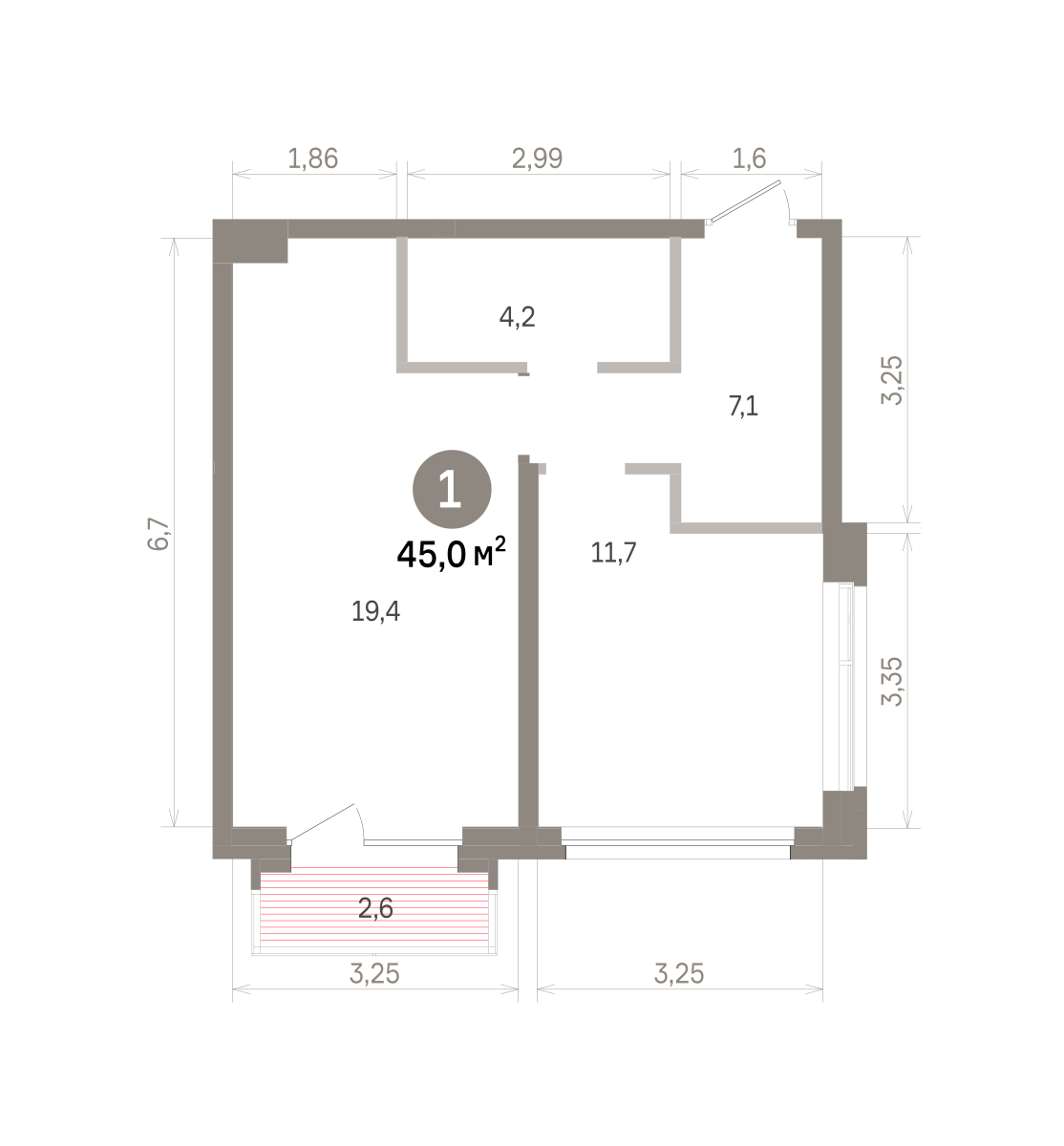 1 комн. Квартира 45 кв. м