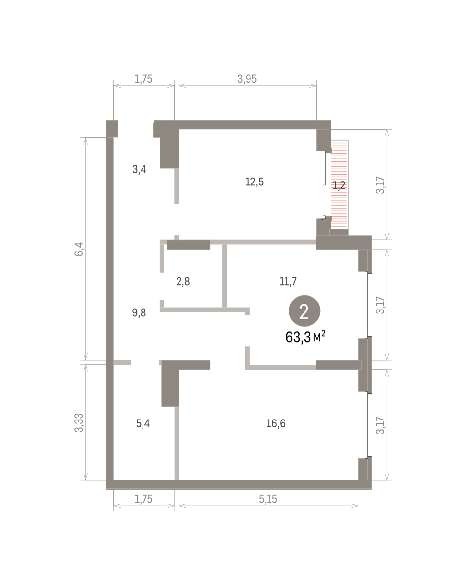 2 комн. Квартира 63.3 кв. м