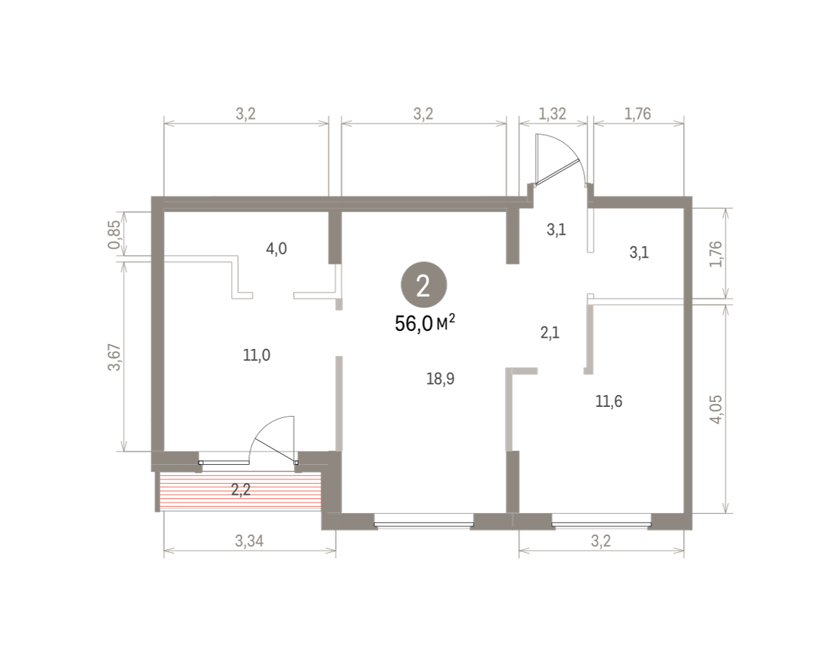 2 комн. Квартира 56 кв. м