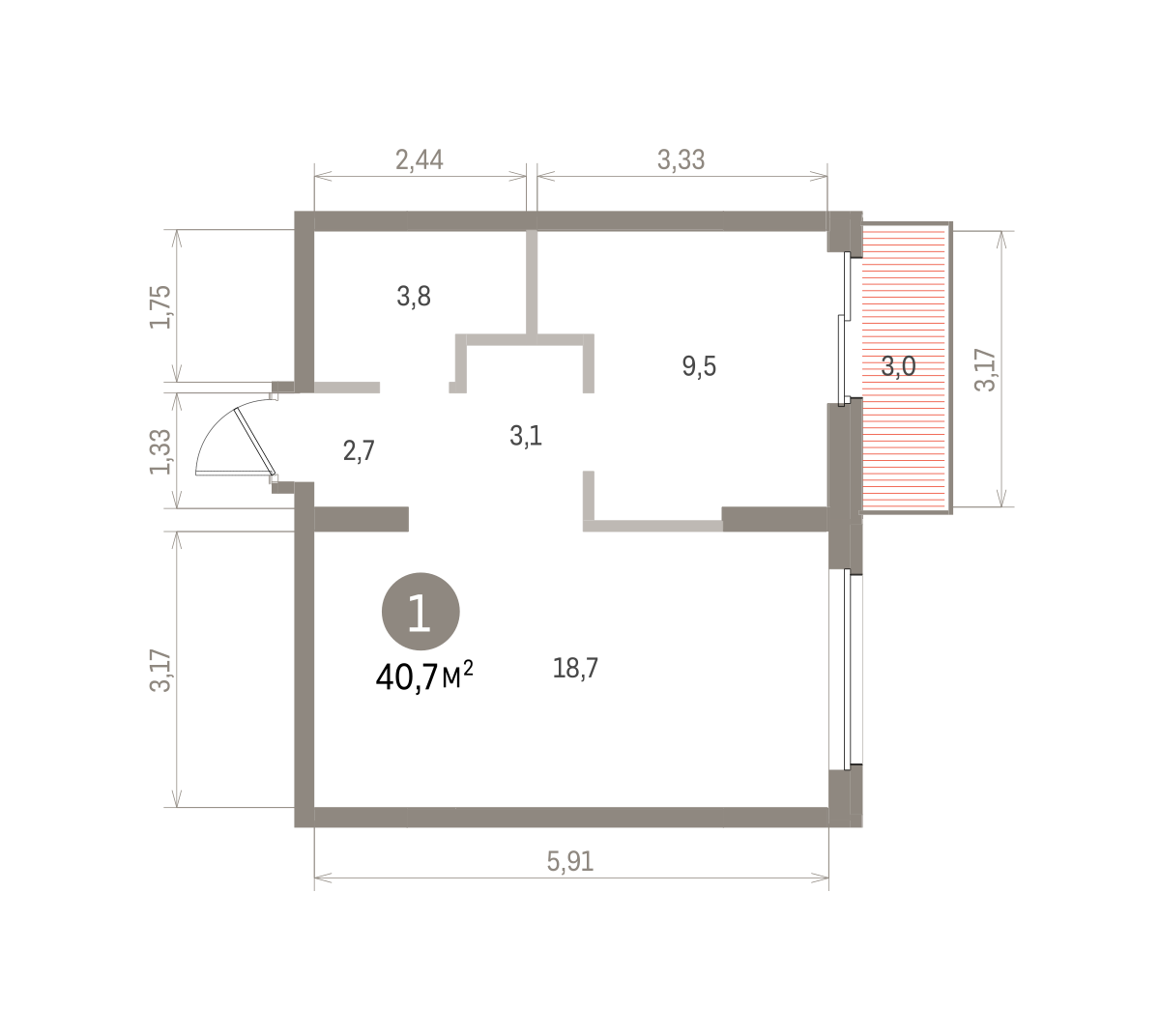 1 комн. Квартира 40.7 кв. м