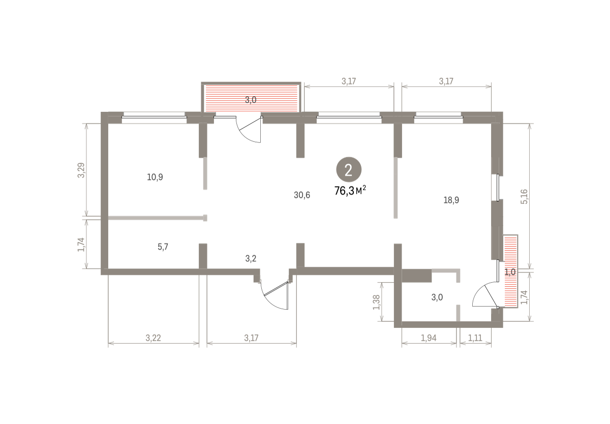 2 комн. Квартира 76.3 кв. м