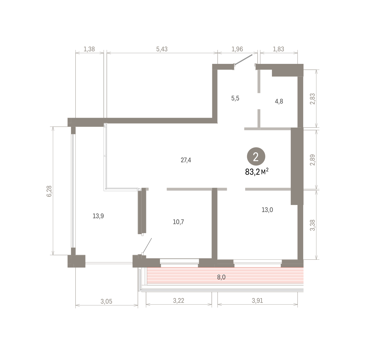 2 комн. Квартира 83.2 кв. м