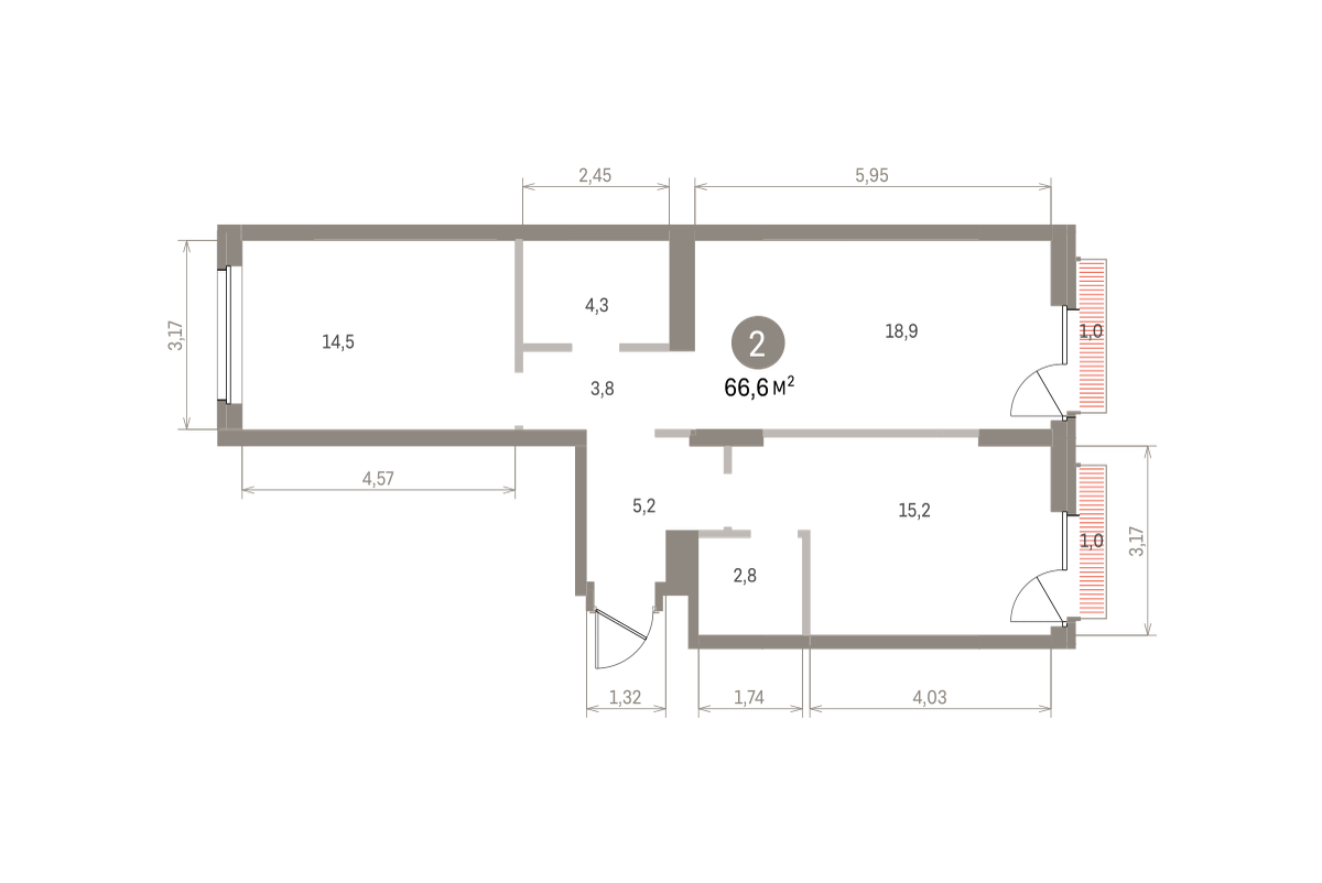 2 комн. Квартира 66.6 кв. м