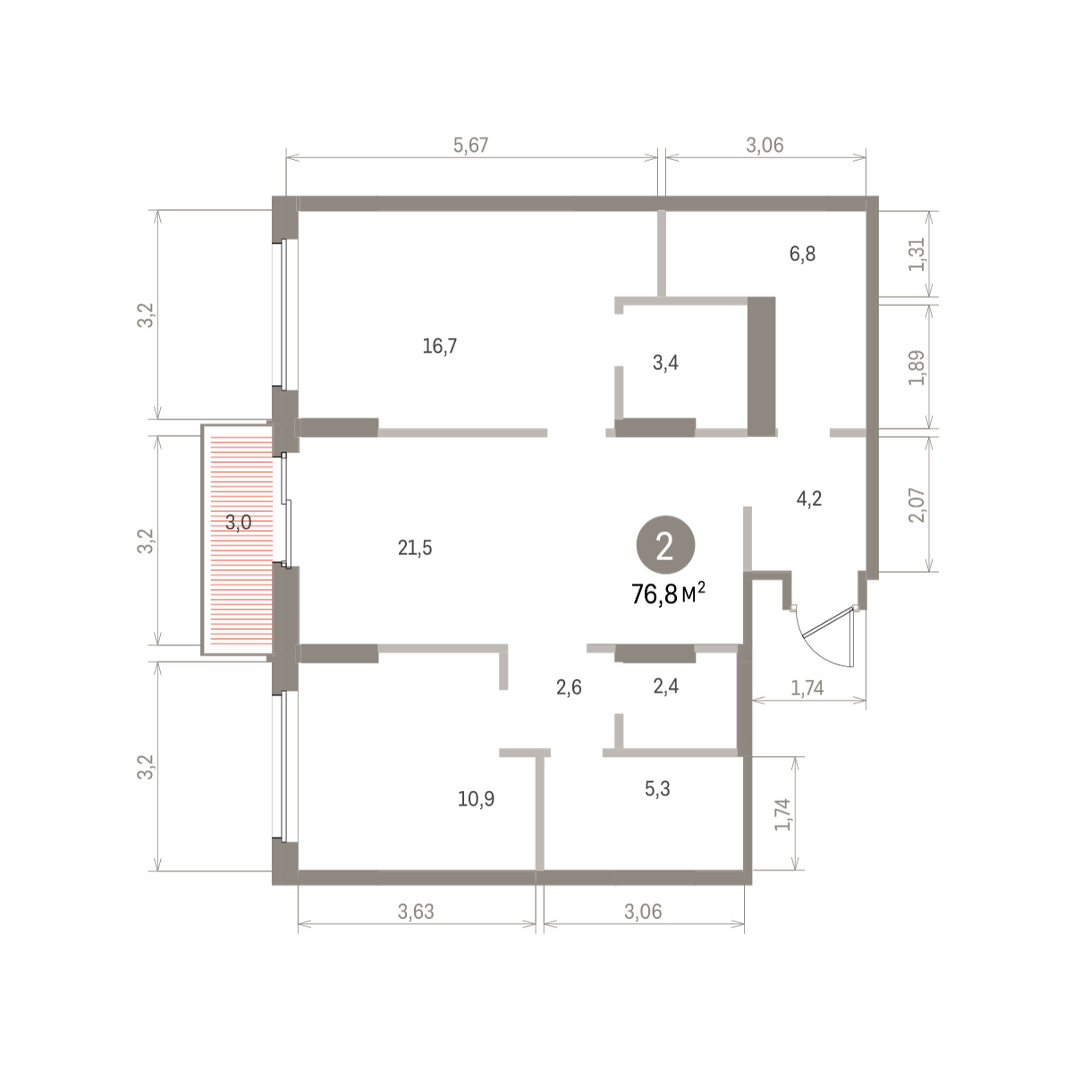 2 комн. Квартира 76.8 кв. м