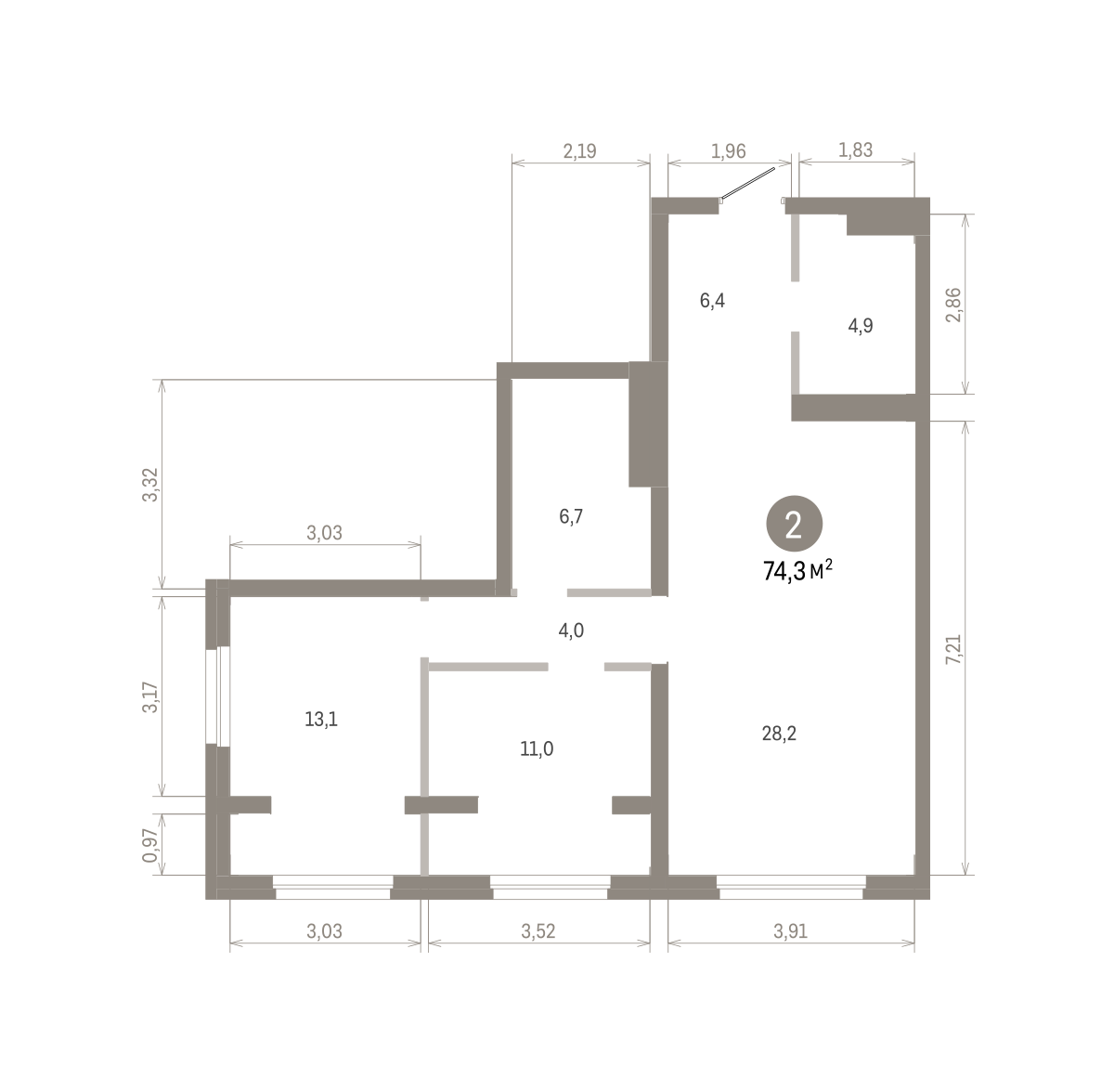 2 комн. Квартира 74.3 кв. м