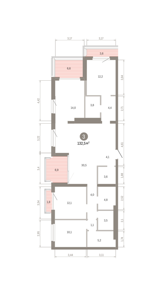 3 комн. Квартира 132.5 кв. м