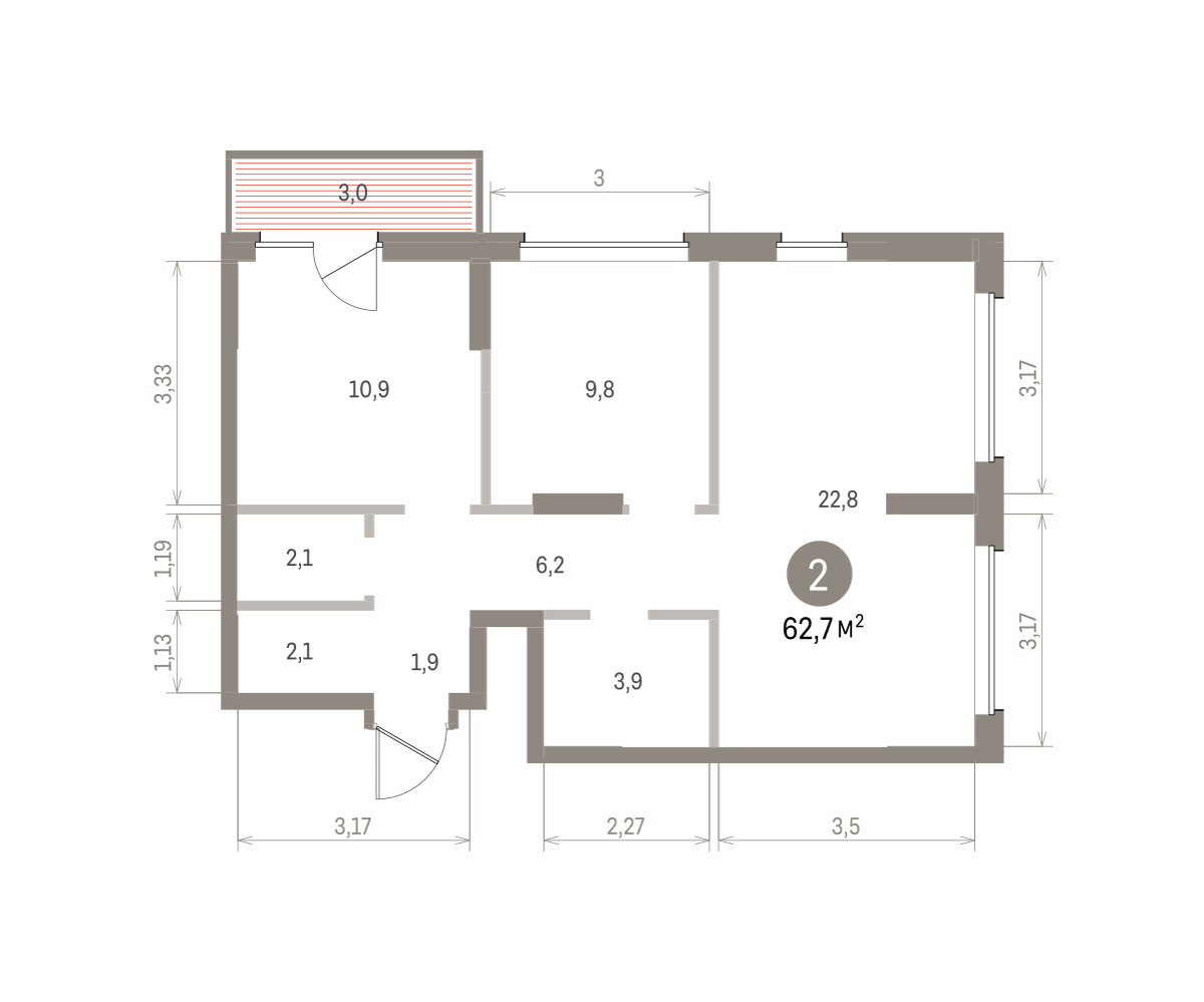 2 комн. Квартира 62.7 кв. м