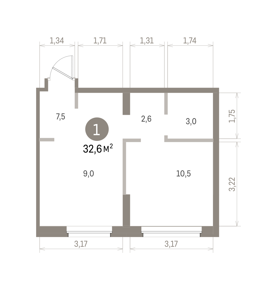 1 комн. Квартира 32.6 кв. м