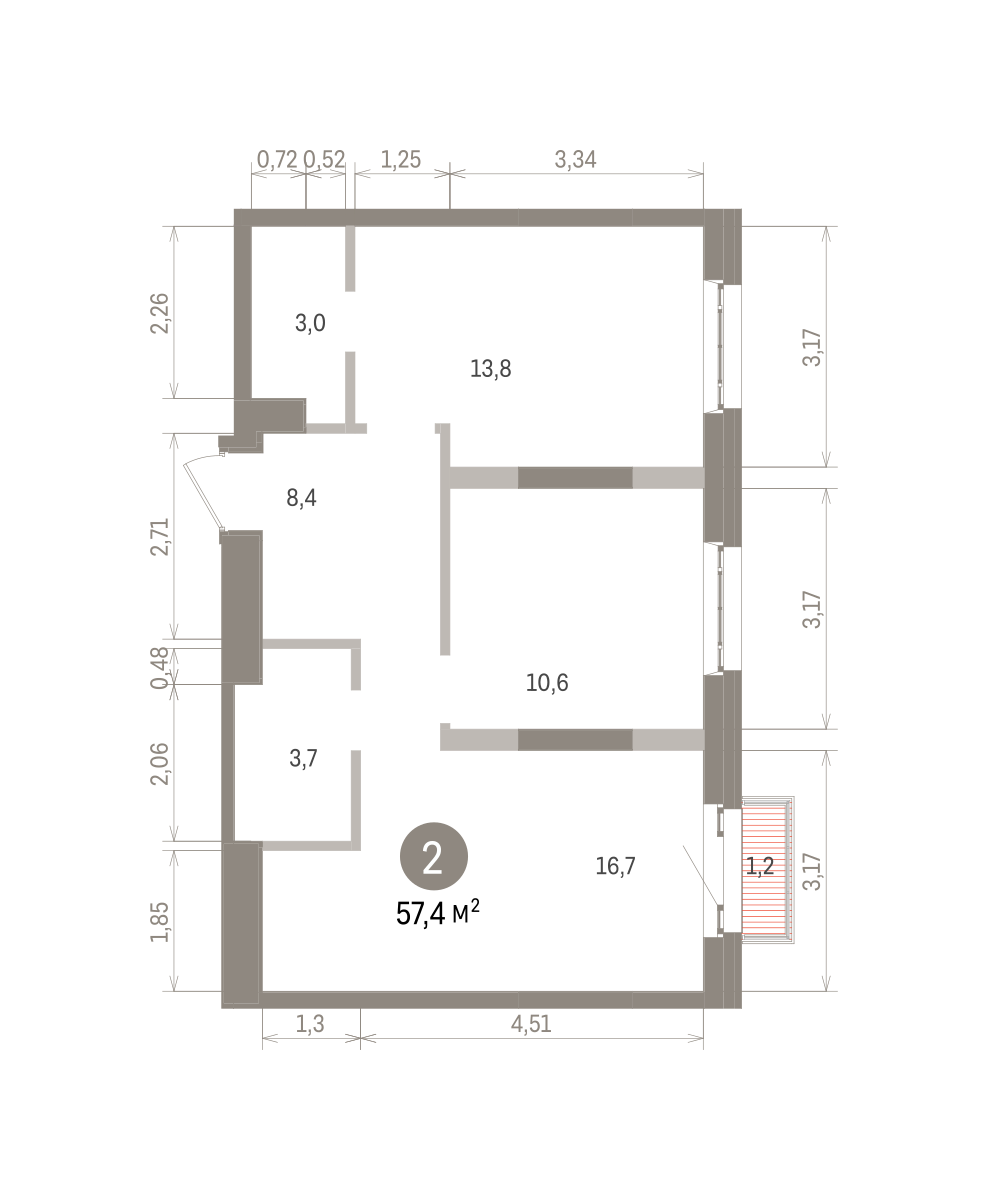 2 комн. Квартира 57.4 кв. м