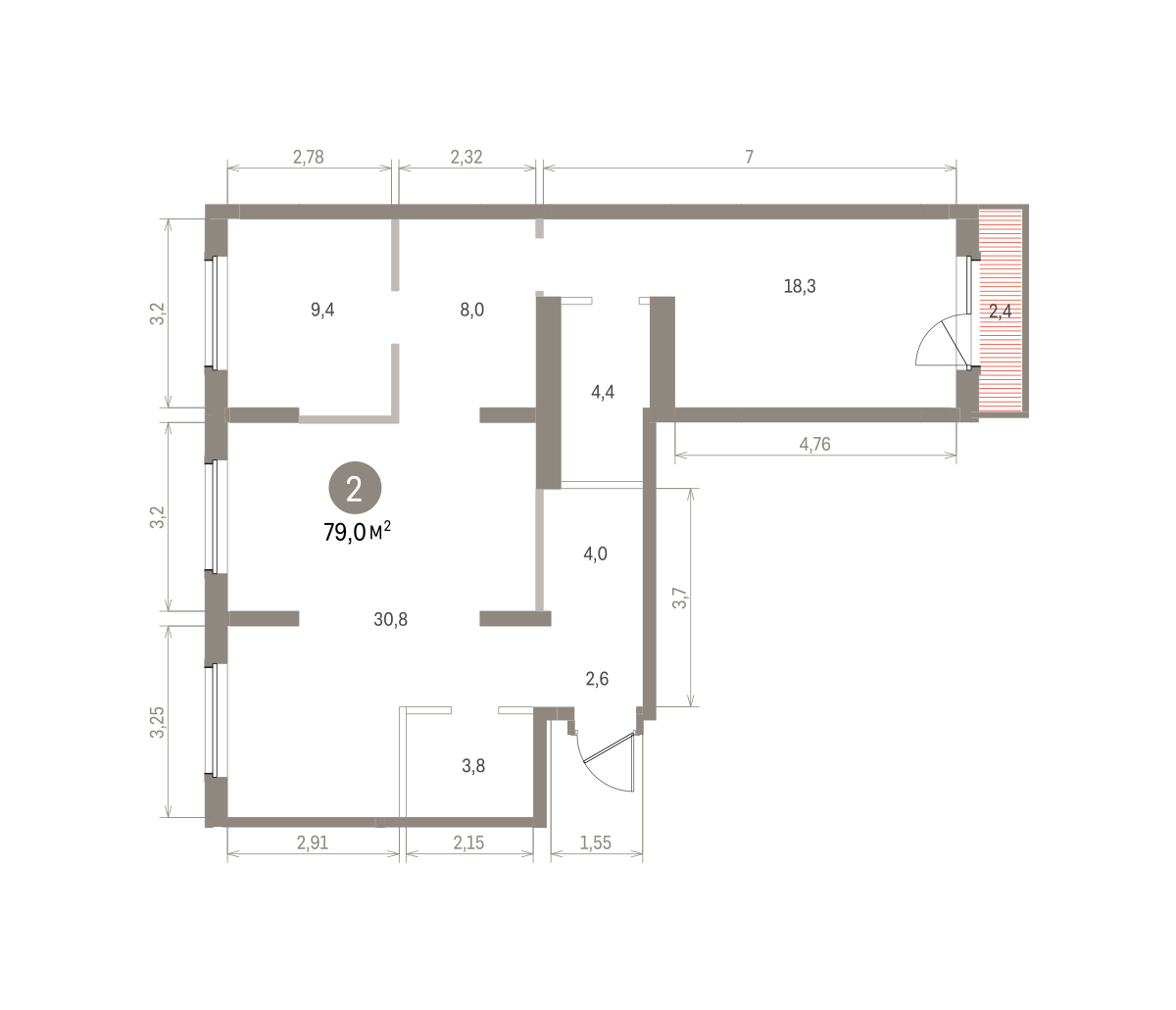 2 комн. Квартира 83.5 кв. м