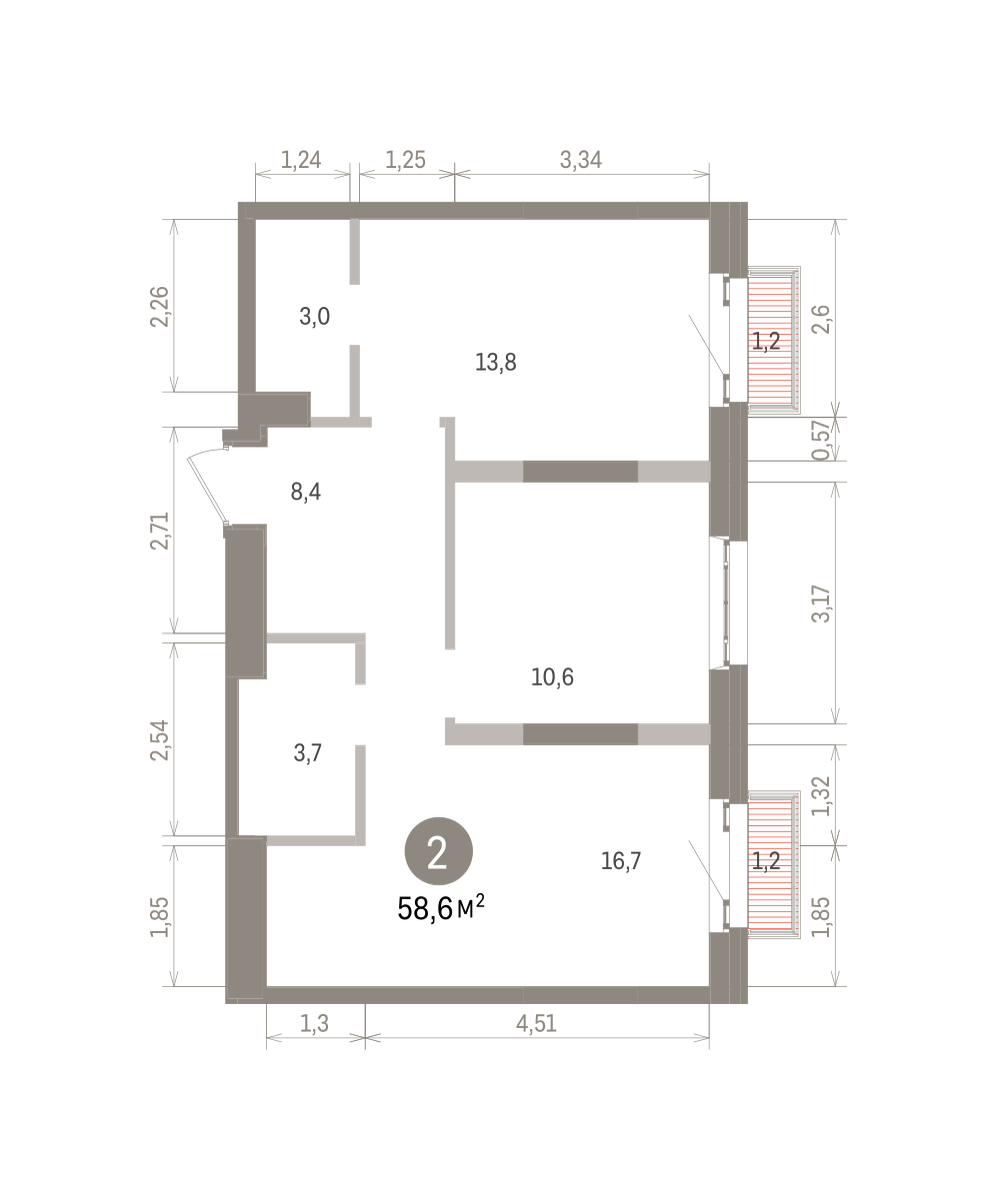 2 комн. Квартира 58.6 кв. м
