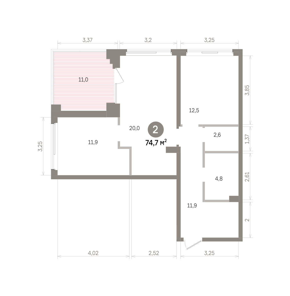 2 комн. Квартира 74.7 кв. м
