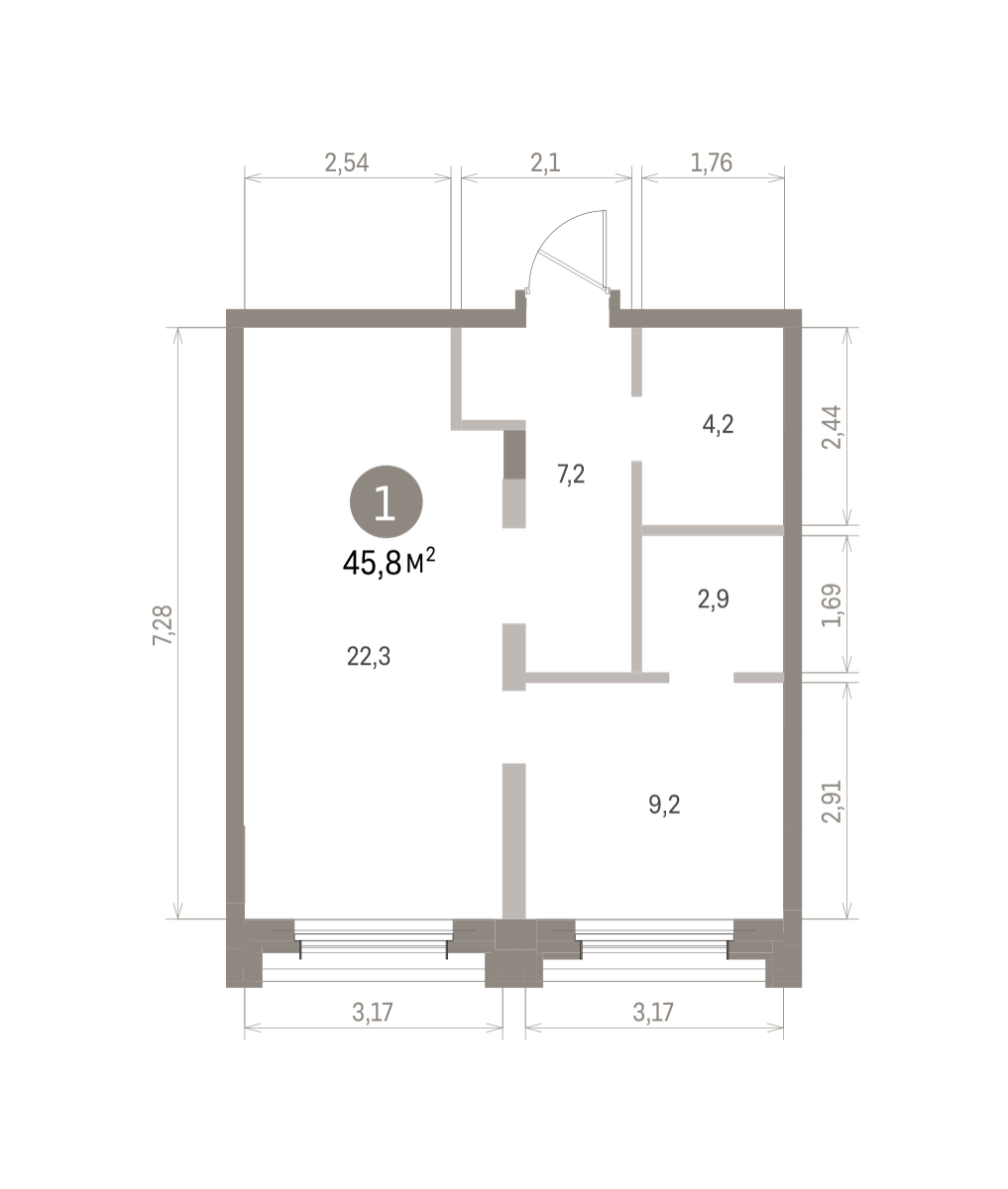 1 комн. Квартира 45.8 кв. м