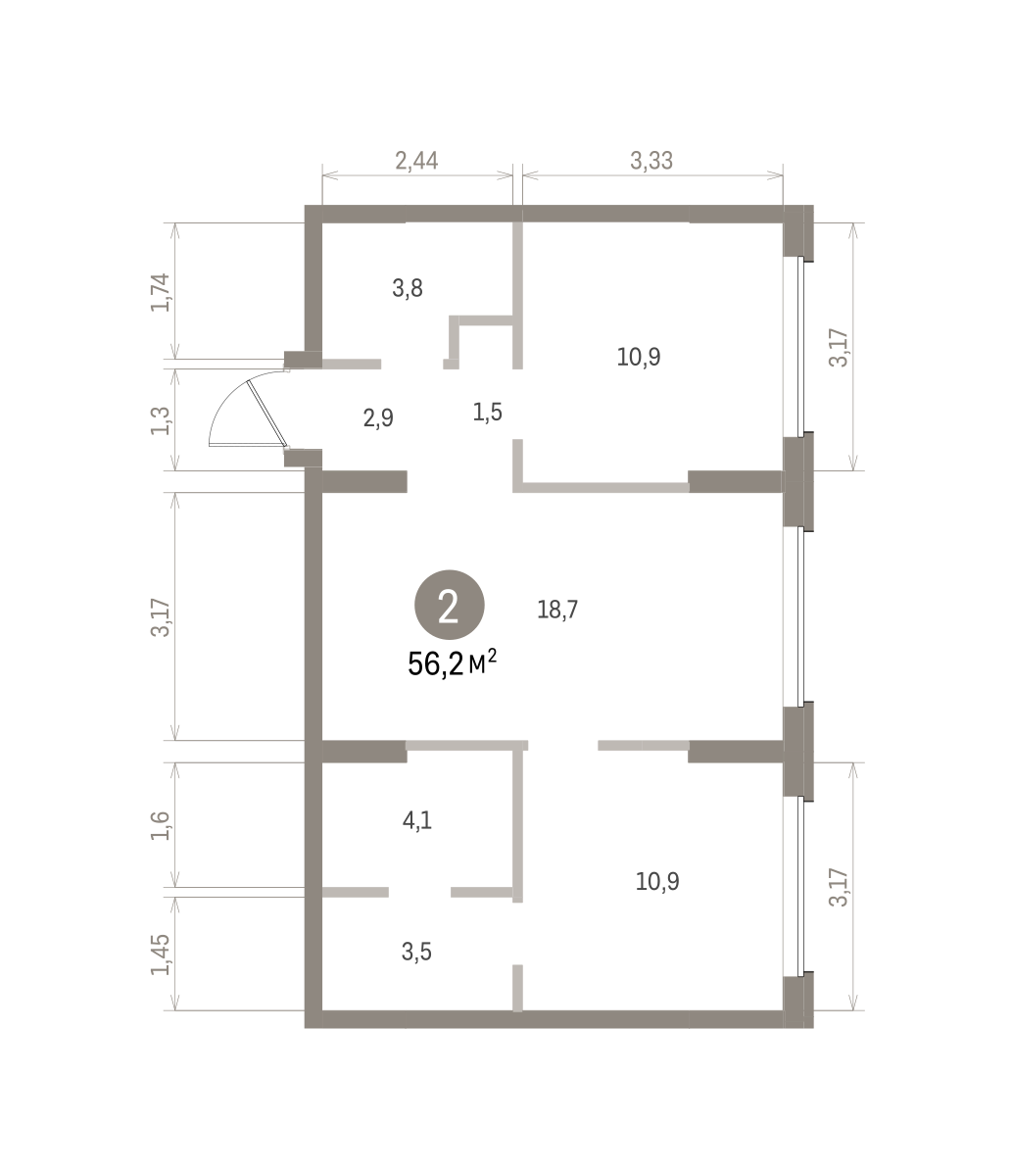 2 комн. Квартира 56.2 кв. м